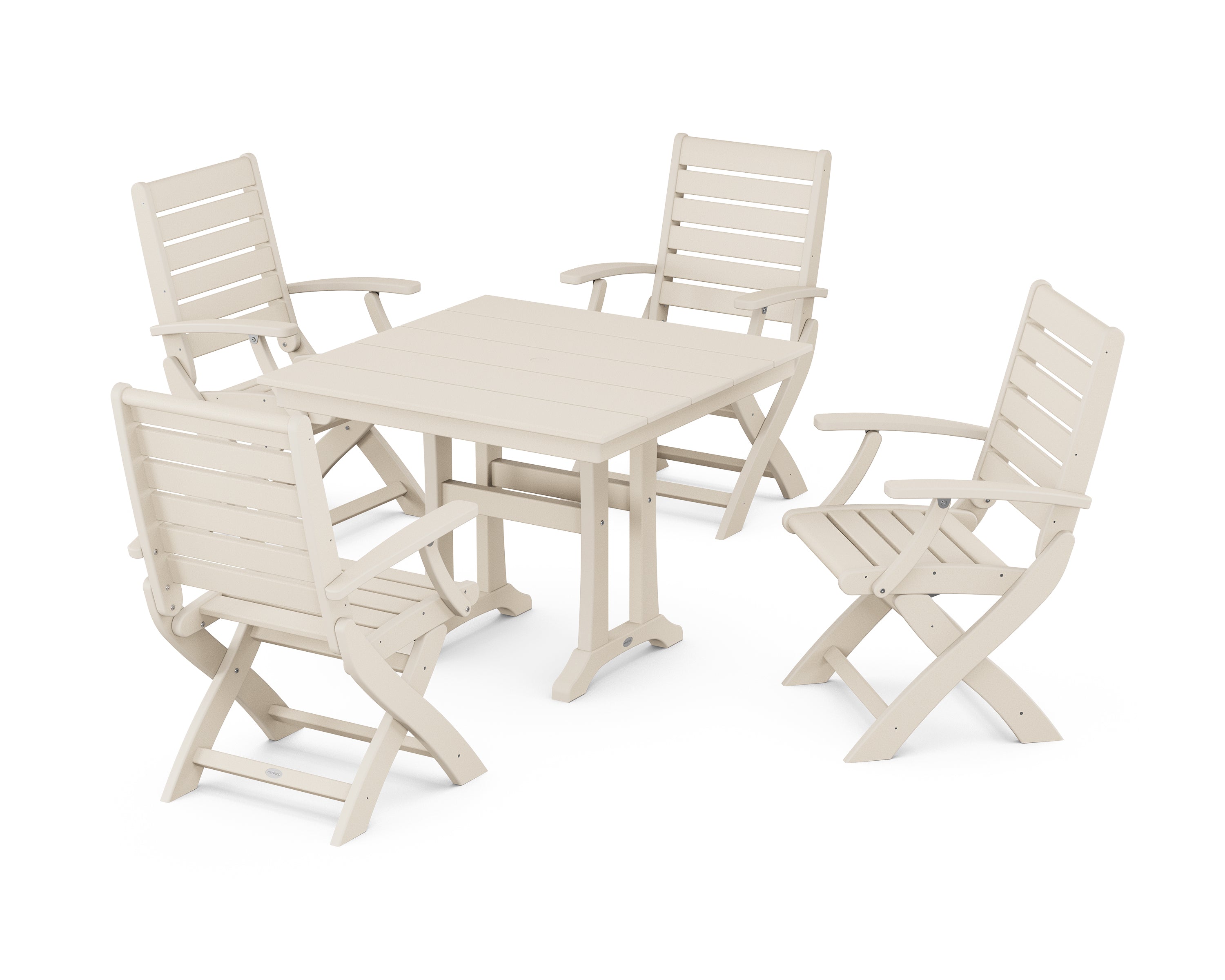 POLYWOOD Signature Folding Chair 5-Piece Farmhouse Dining Set With Trestle Legs in Sand