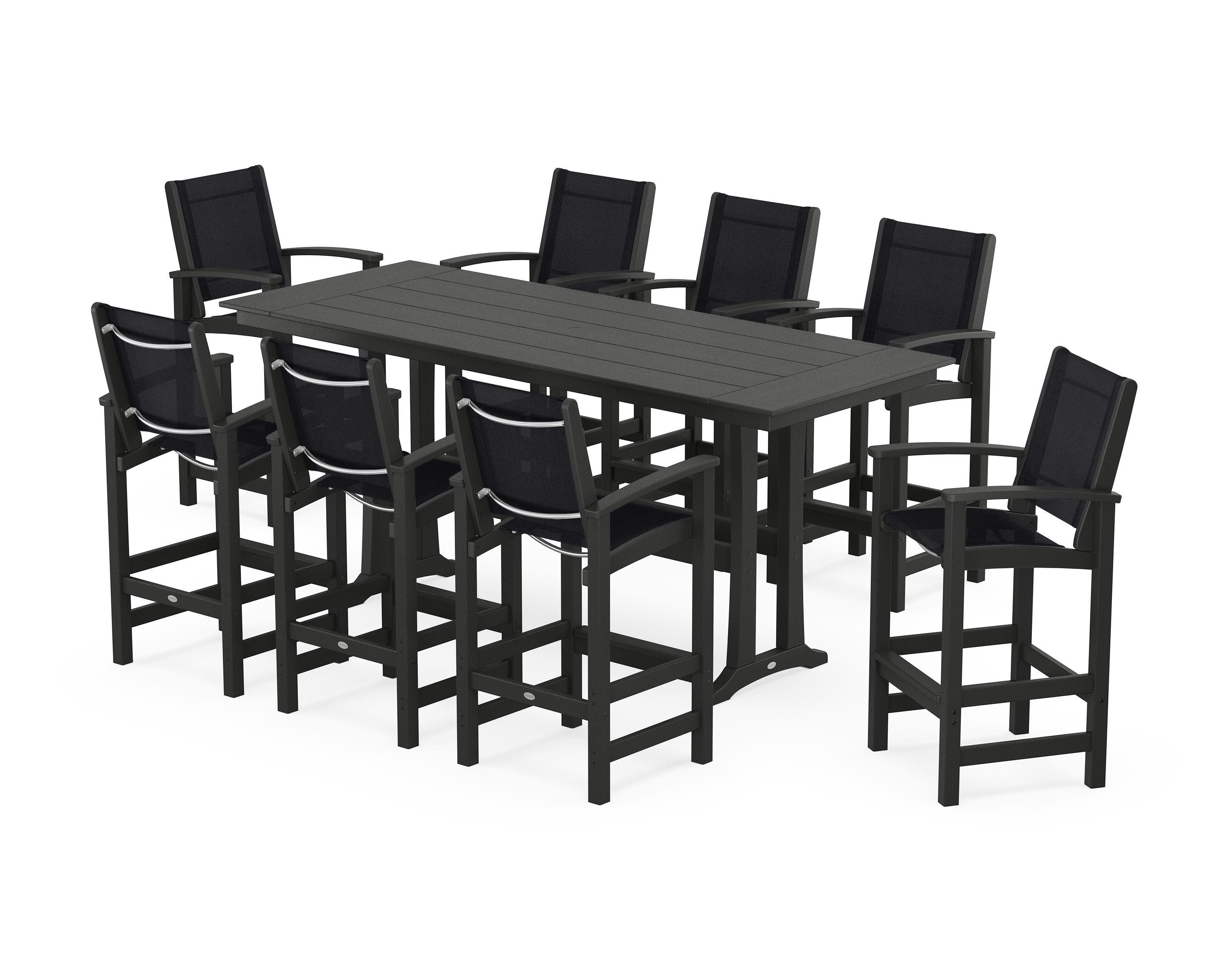 POLYWOOD Coastal 9-Piece Farmhouse Bar Set with Trestle Legs in Black / Black Sling