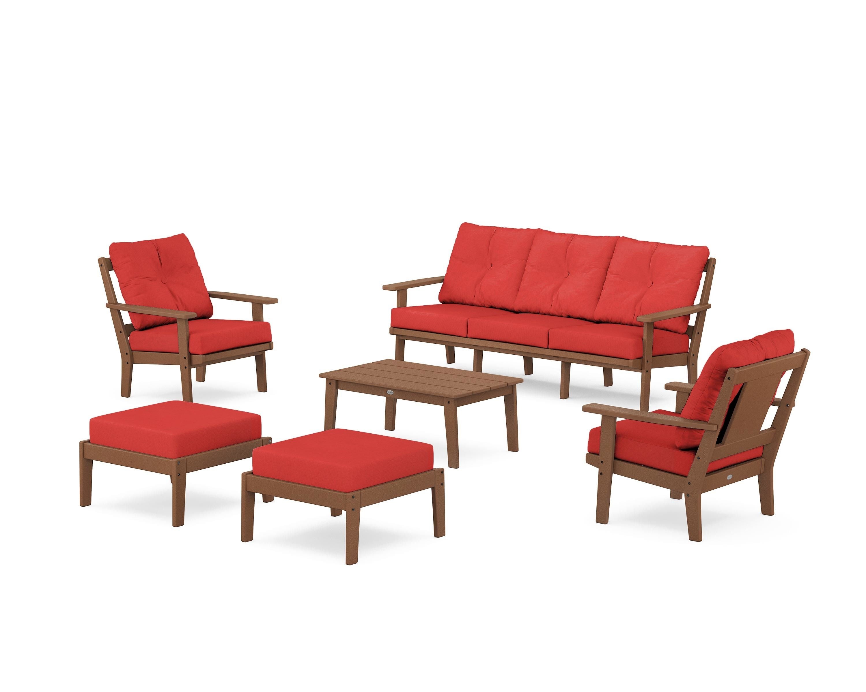 POLYWOOD Prairie 6-Piece Lounge Sofa Set in Teak / Crimson Linen