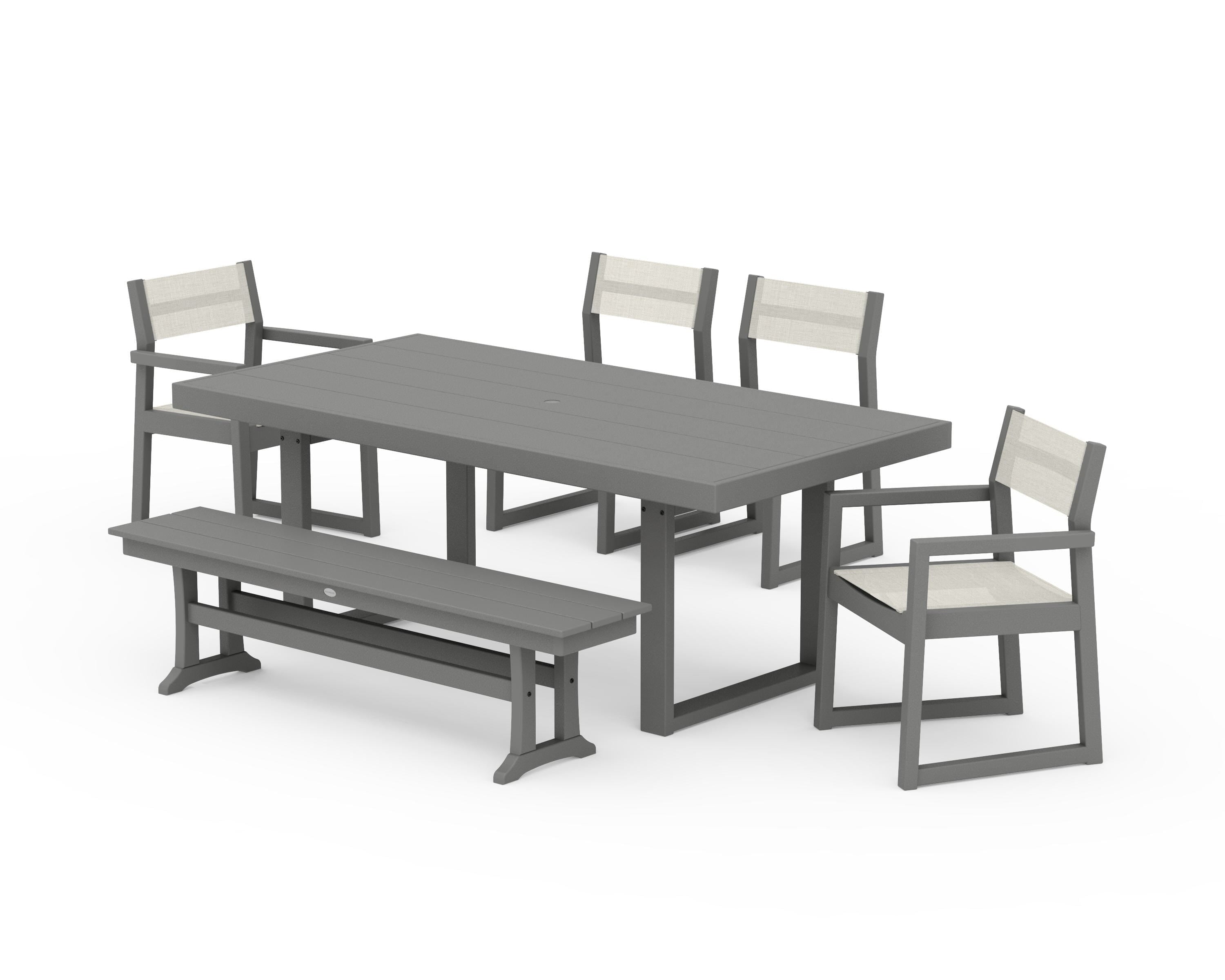 POLYWOOD EDGE Sling 6-Piece Dining Set with Bench in Slate Grey / Parchment Sling
