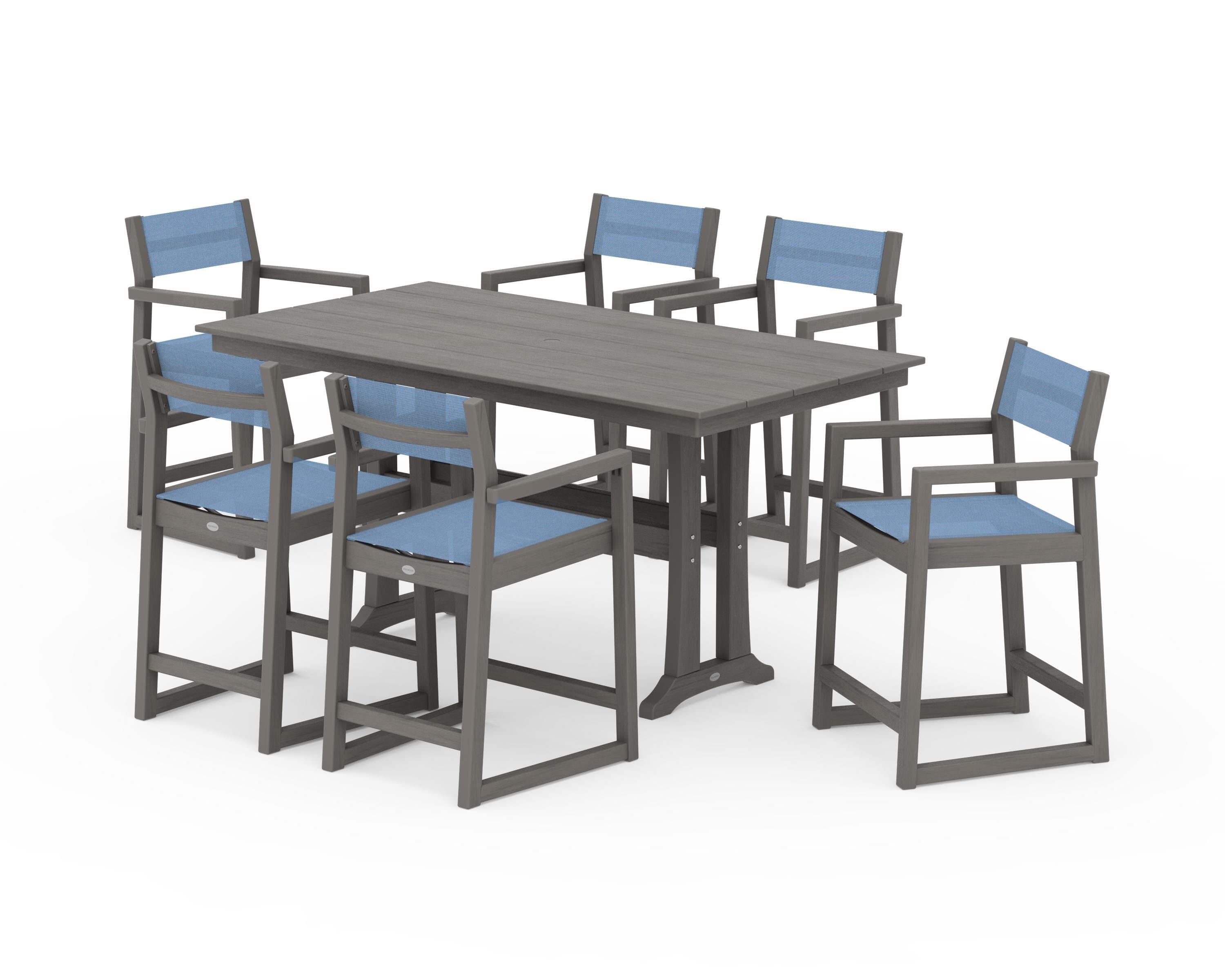 POLYWOOD EDGE Sling Arm Chair 7-Piece Farmhouse Counter Set with Trestle Legs in Driftwood / Poolside Sling