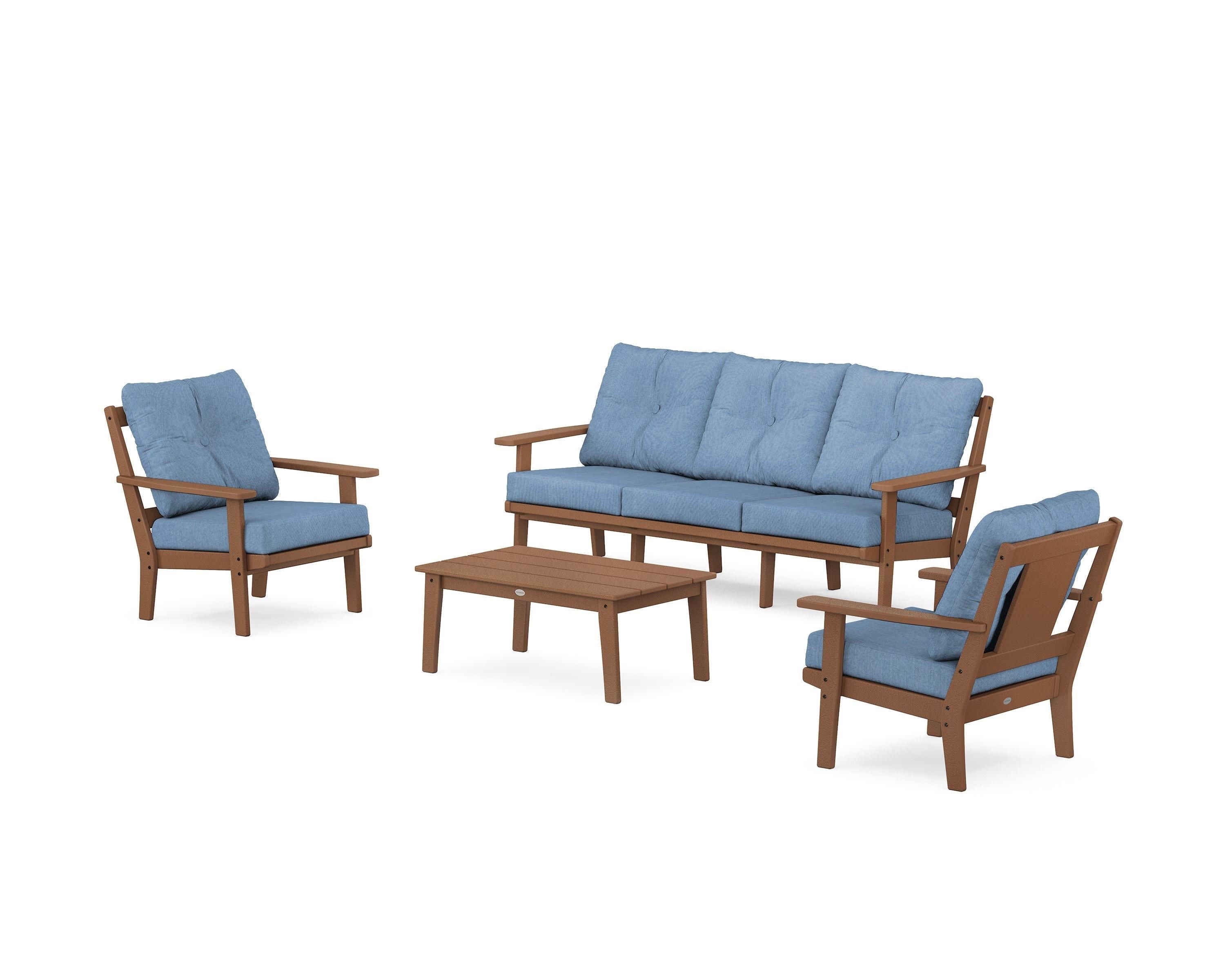 POLYWOOD Prairie 4-Piece Deep Seating Set with Sofa in Teak / Sky Blue