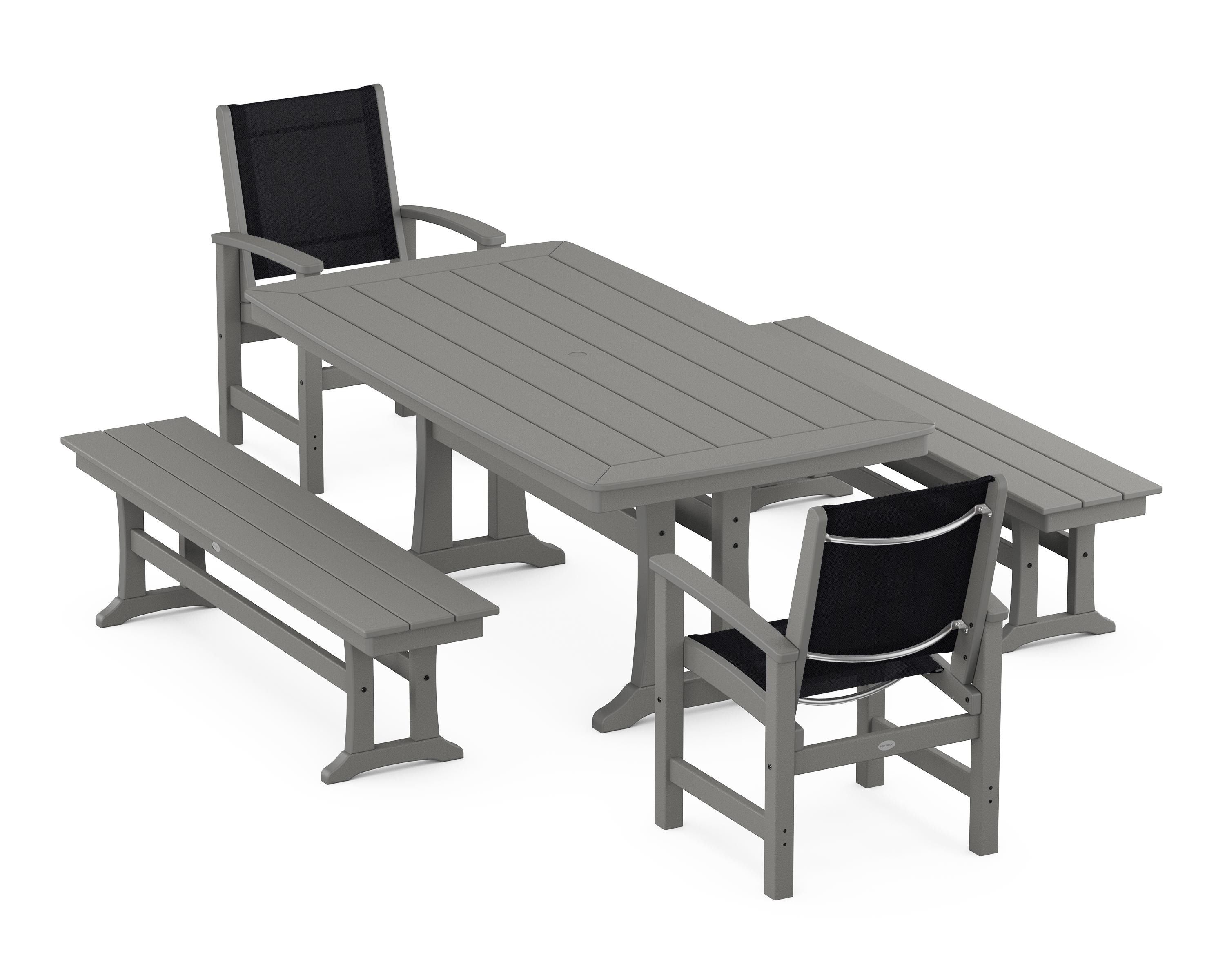 POLYWOOD Coastal 5-Piece Dining Set with Trestle Legs and Benches in Slate Grey / Black Sling