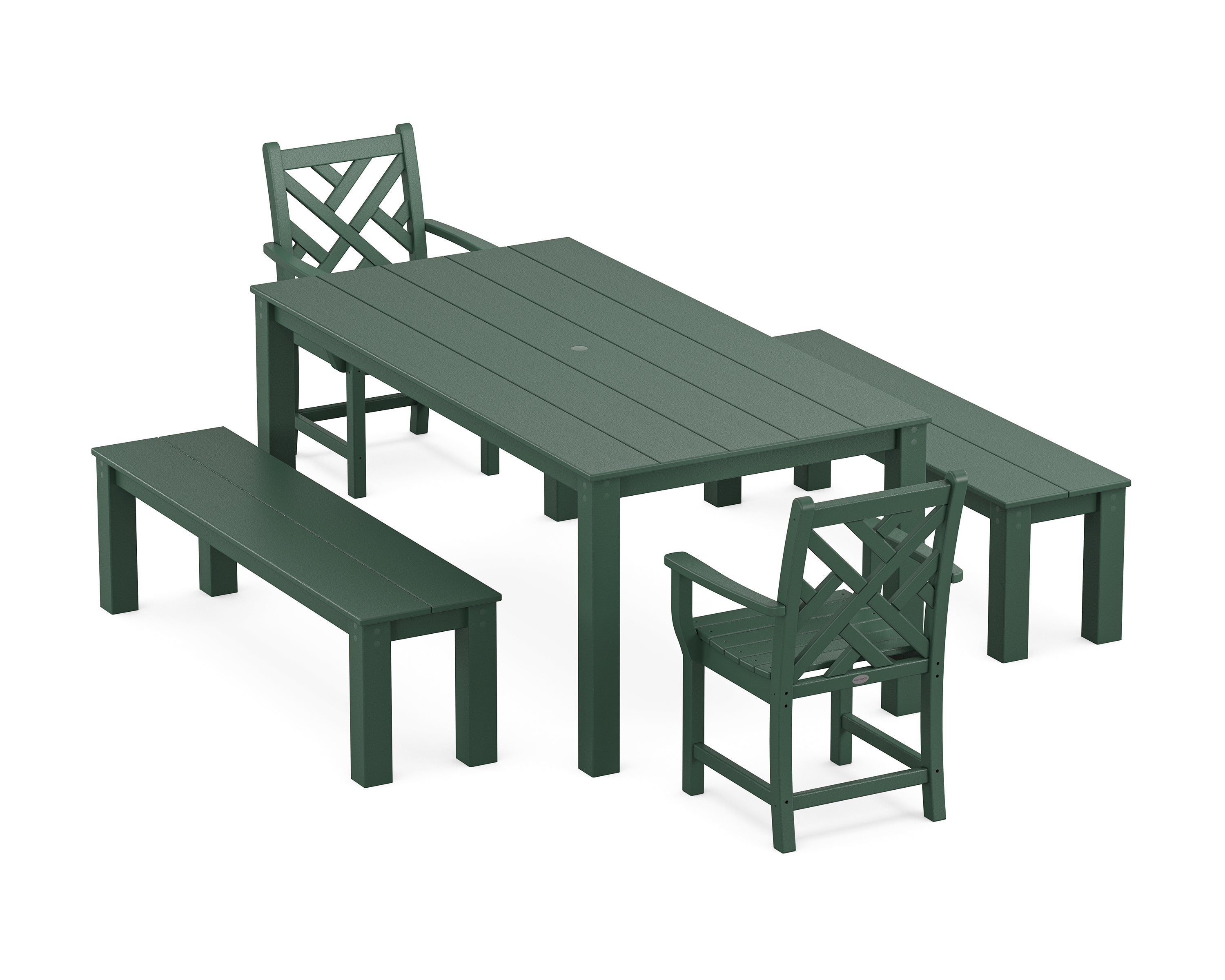 POLYWOOD Chippendale 5-Piece Parsons Dining Set with Benches in Green
