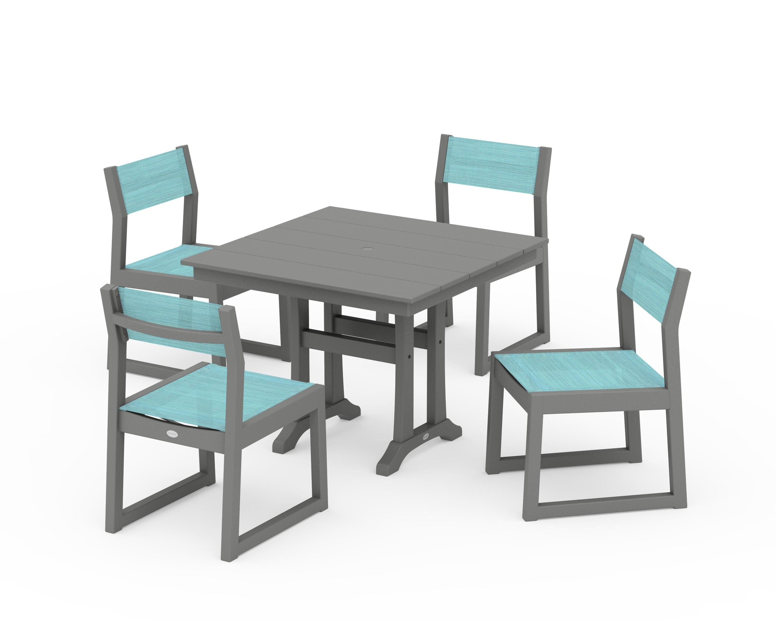 POLYWOOD EDGE Sling 5-Piece Farmhouse Trestle Side Chair Dining Set in Slate Grey / Dupioni Aquamarine Sling