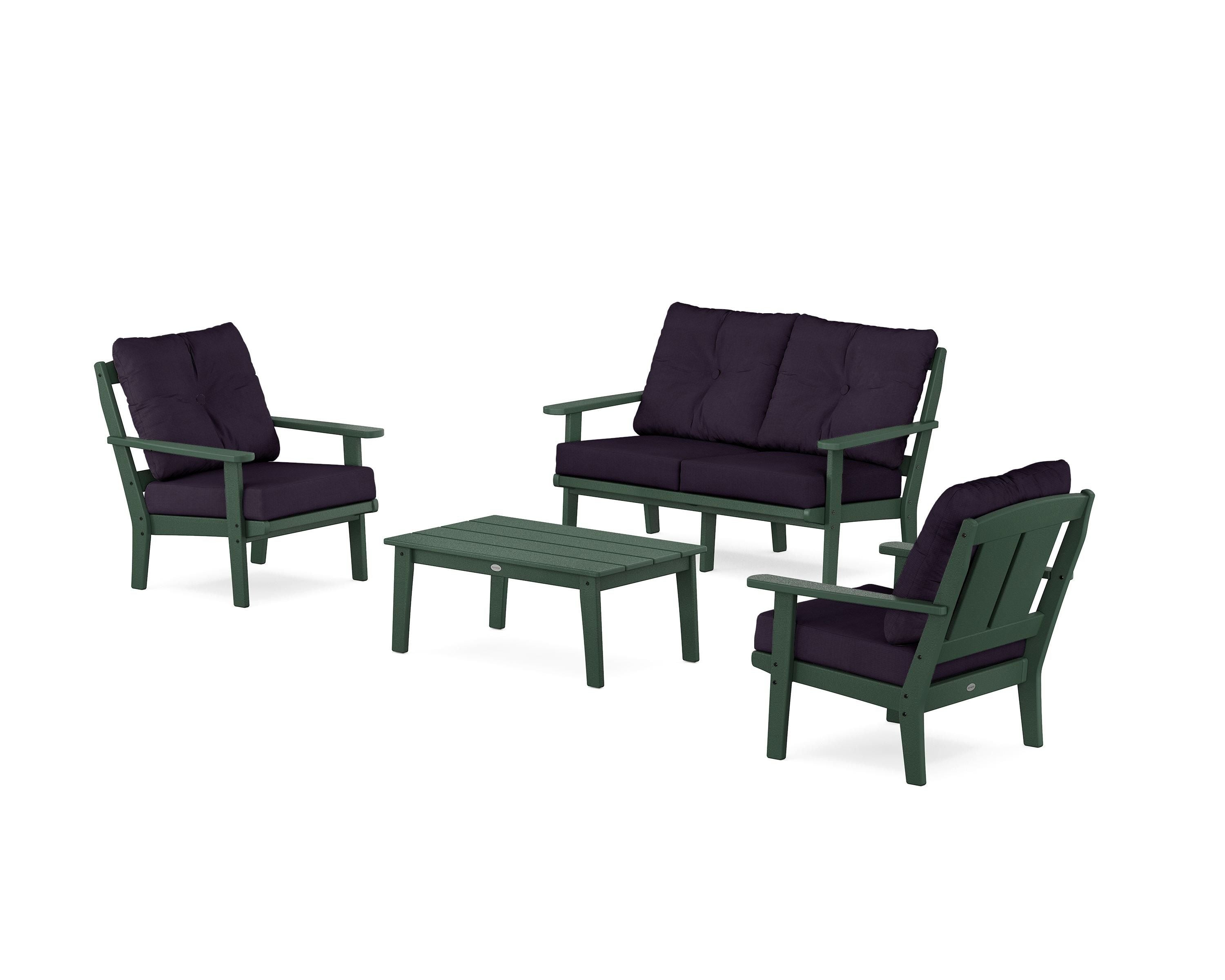 POLYWOOD Mission 4-Piece Deep Seating Set with Loveseat in Green / Navy Linen