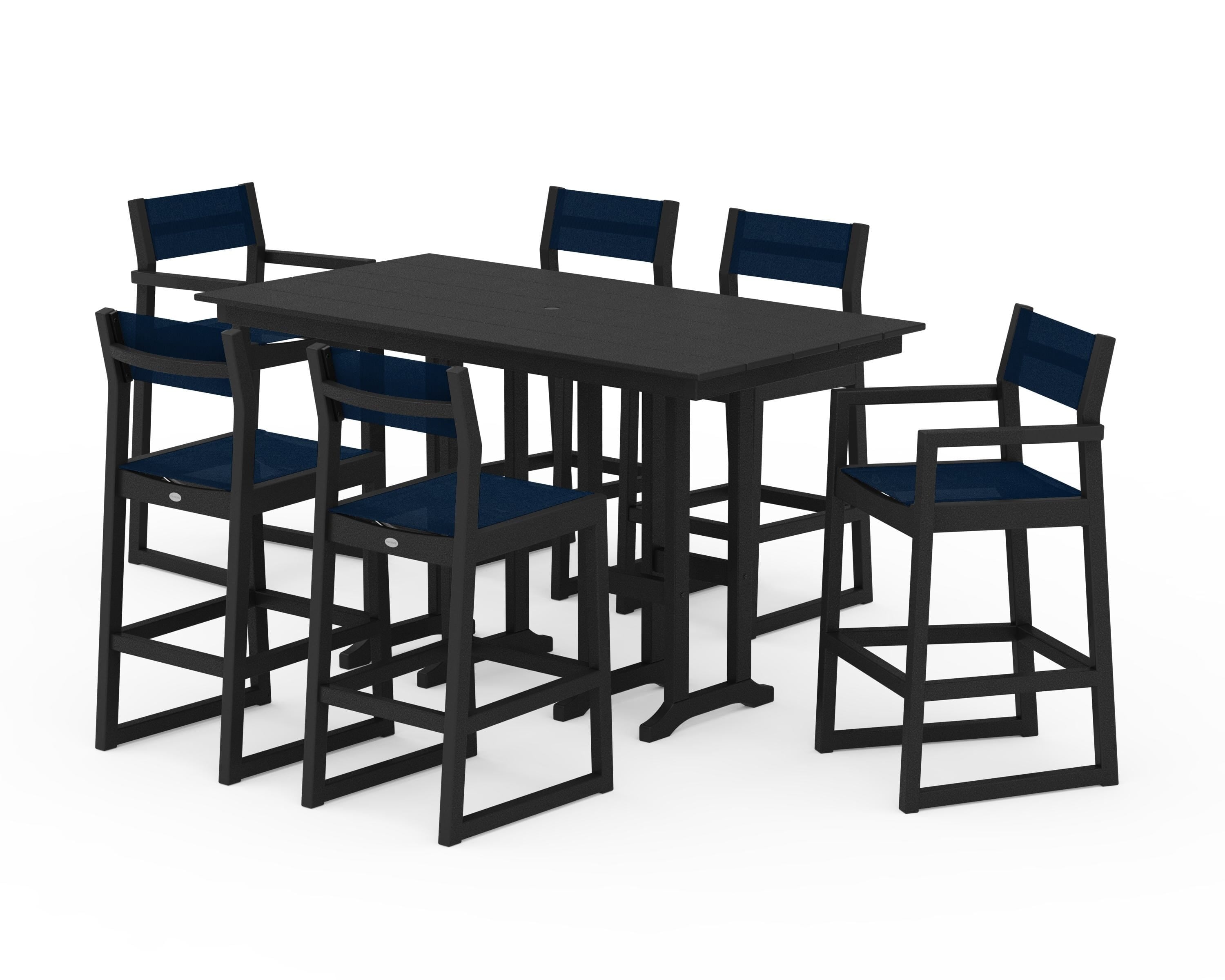 POLYWOOD EDGE Sling 7-Piece Farmhouse Bar Set in Black / Navy Blue Sling