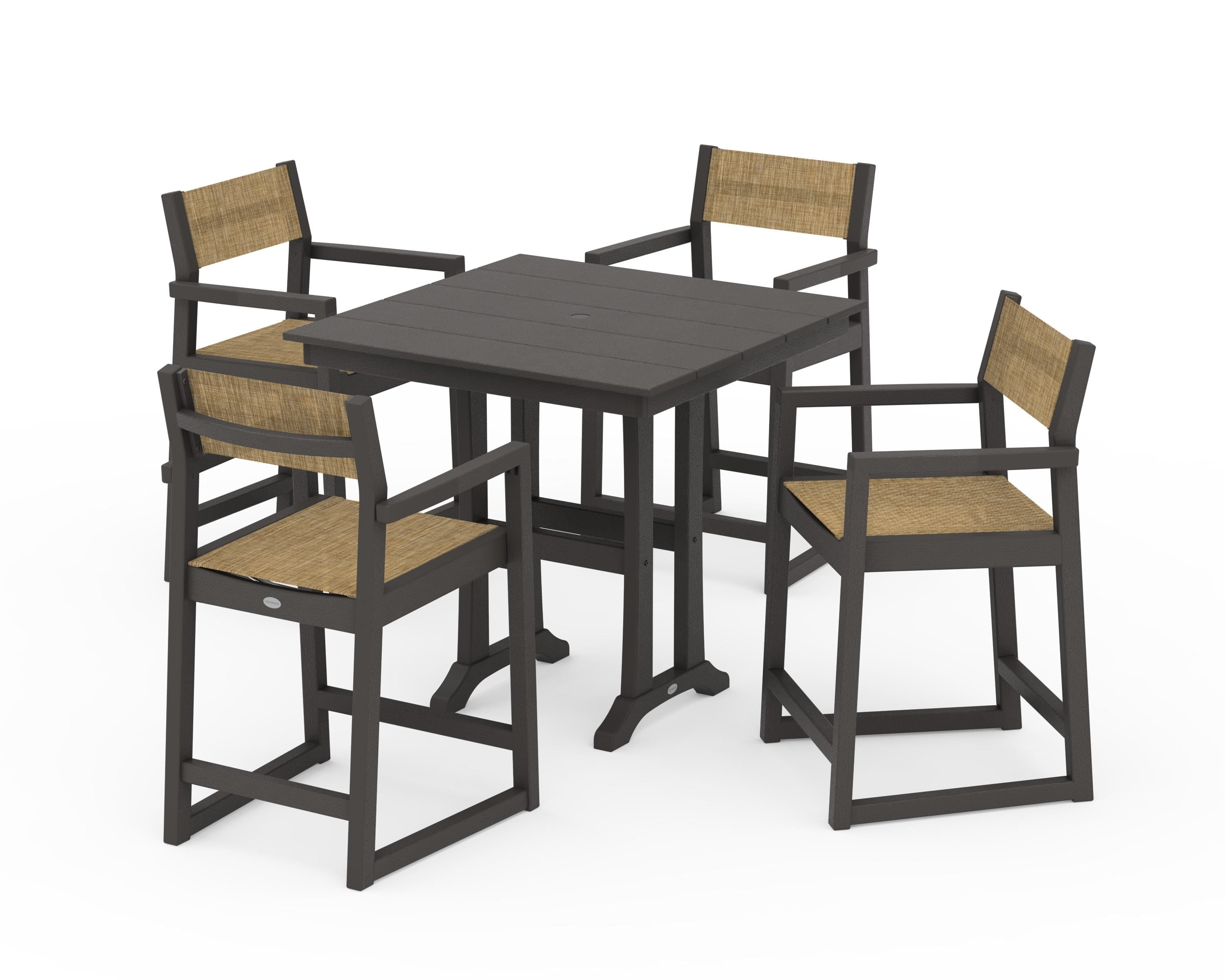 POLYWOOD EDGE Sling Arm Chair 5-Piece Farmhouse Counter Set with Trestle Legs in Vintage Coffee / Burlap Sling