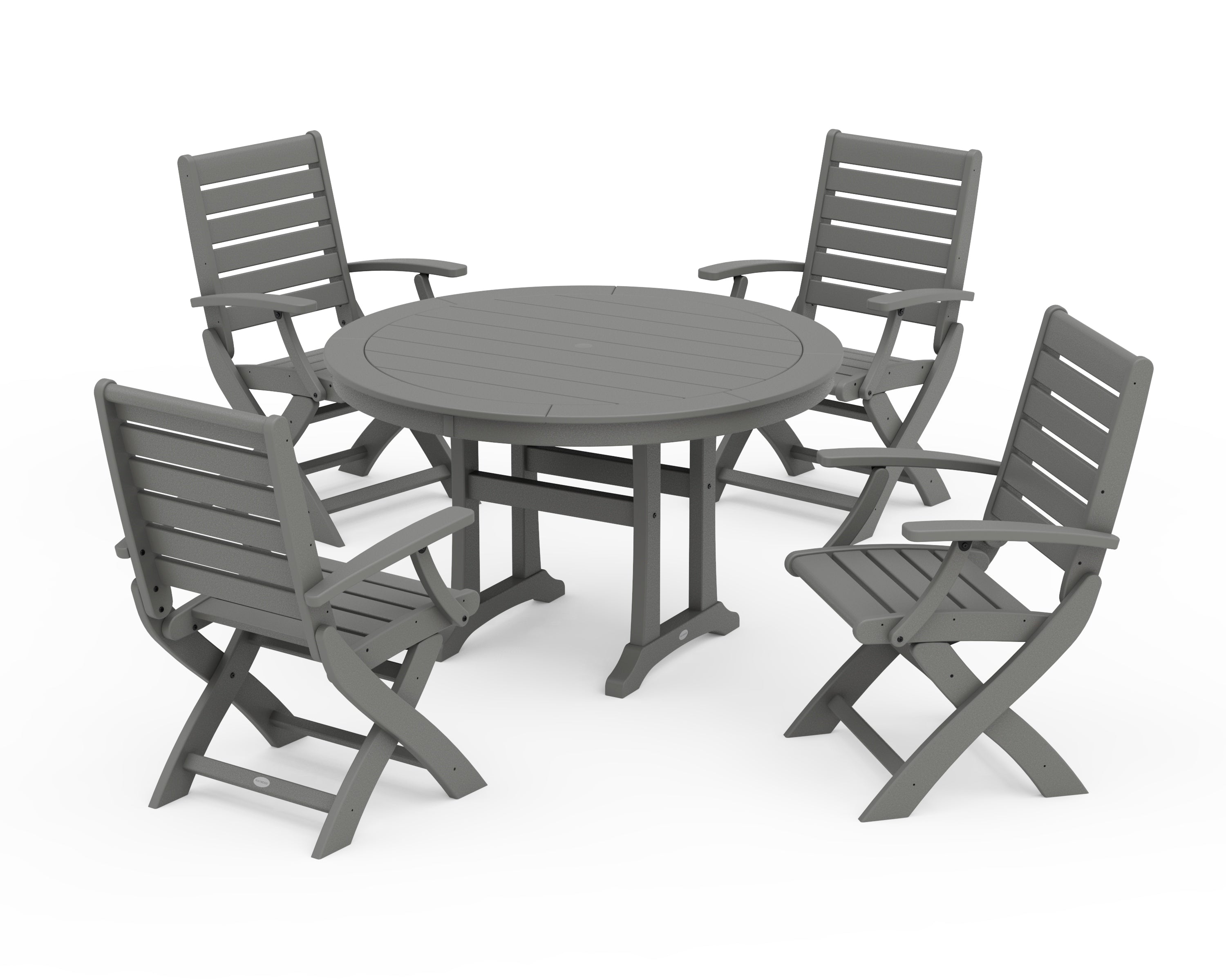 POLYWOOD Signature Folding Chair 5-Piece Round Dining Set with Trestle Legs in Slate Grey