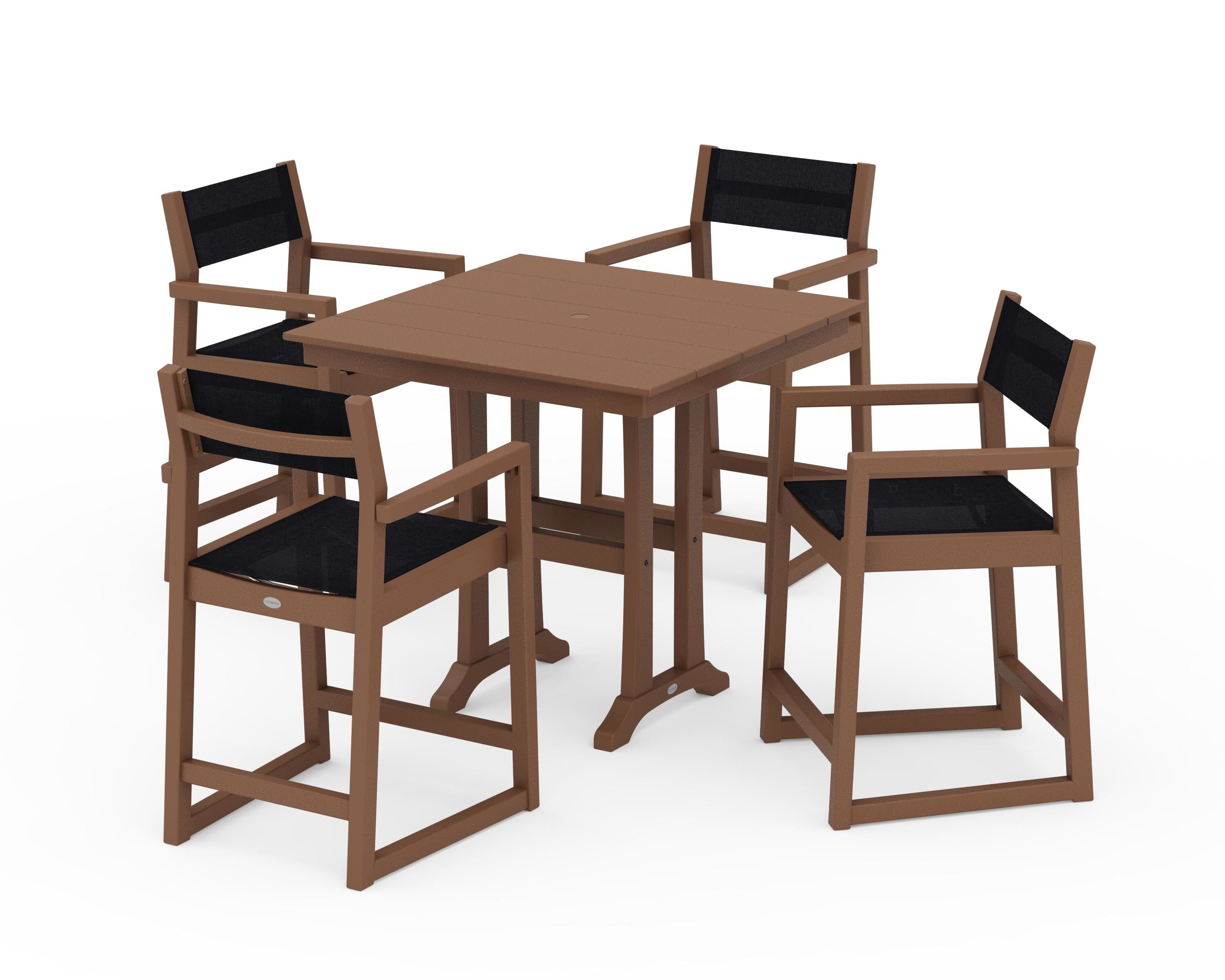 POLYWOOD EDGE Sling Arm Chair 5-Piece Farmhouse Counter Set with Trestle Legs in Teak / Black Sling