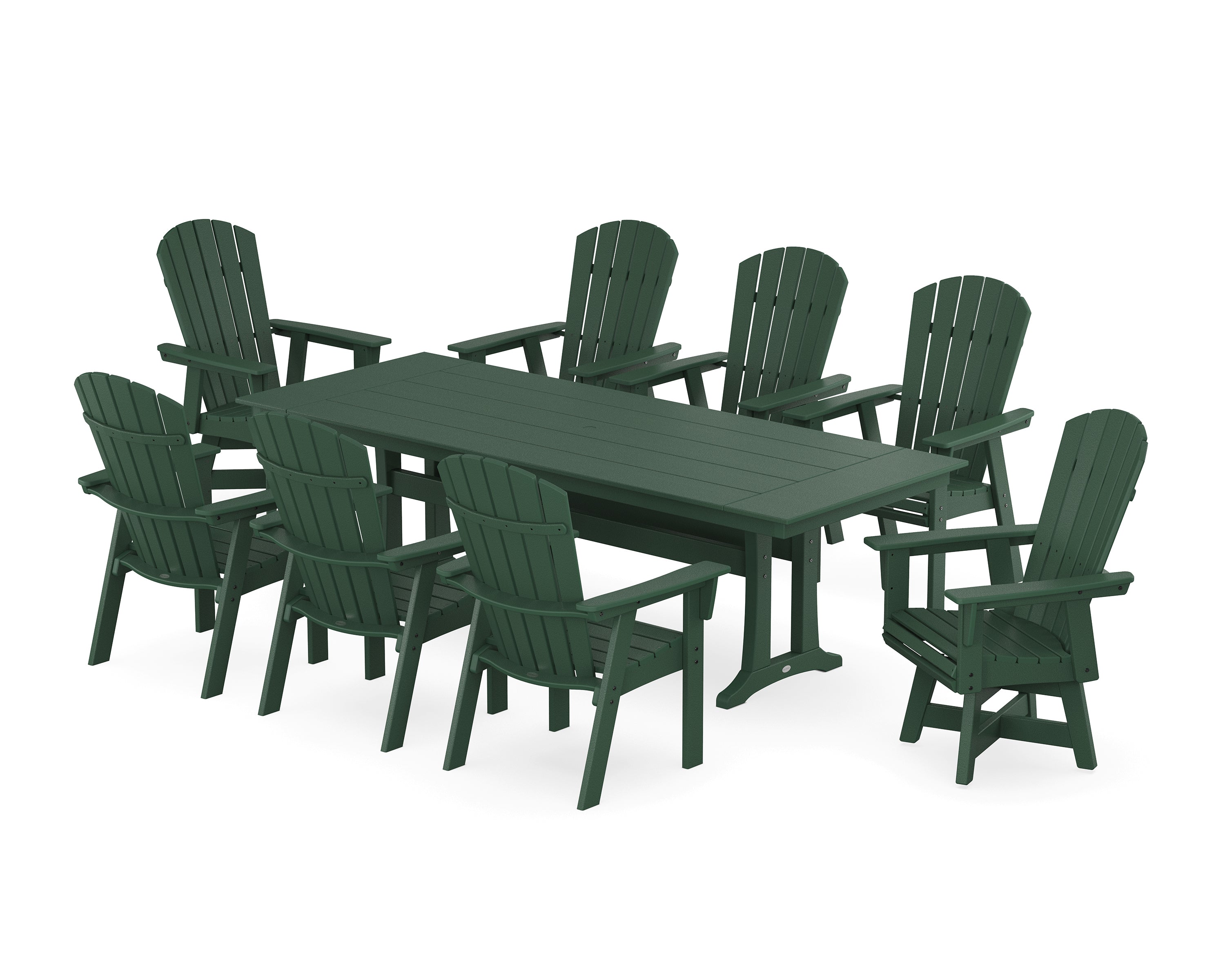 POLYWOOD® Nautical Curveback Adirondack Swivel 9-Piece Farmhouse Dining Set with Trestle Legs in Green
