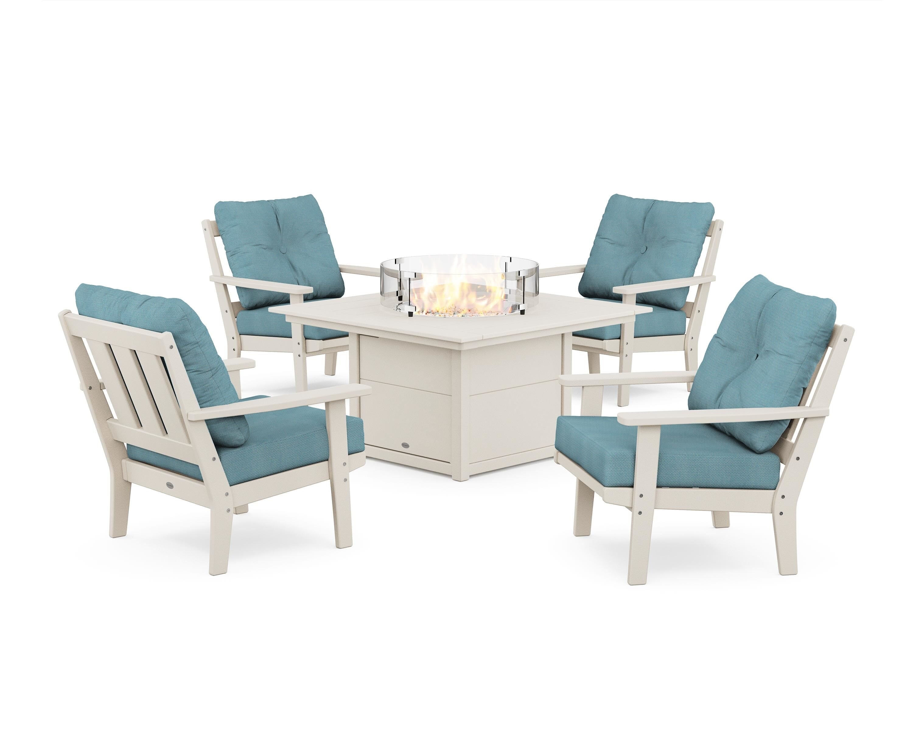POLYWOOD Oxford 5-Piece Deep Seating Set with Fire Pit Table in Sand / Lattice Sky Blue