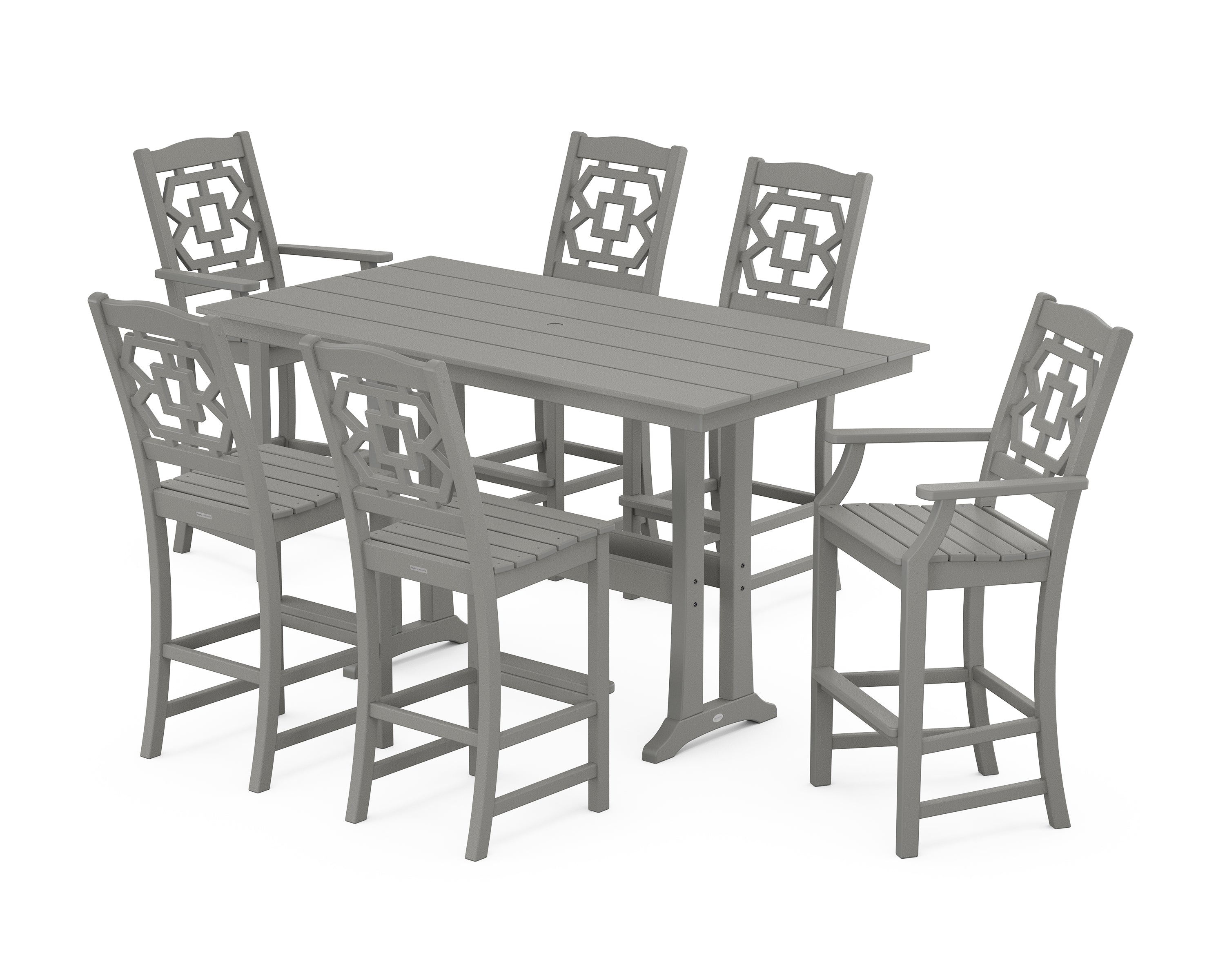 Martha Stewart by POLYWOOD Chinoiserie 7-Piece Farmhouse Bar Set with Trestle Legs in Slate Grey