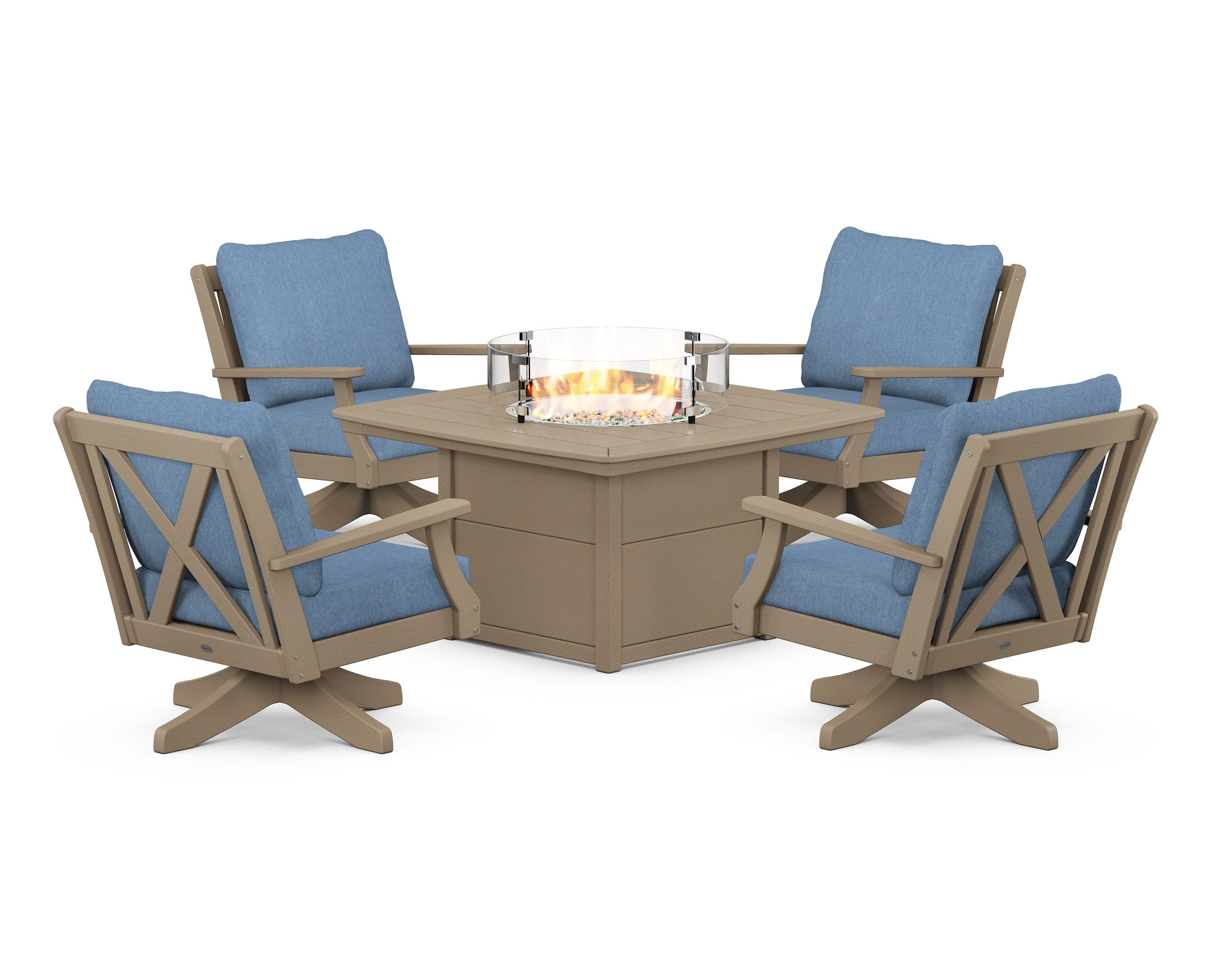 POLYWOOD Braxton 5-Piece Deep Seating Swivel Conversation Set with Fire Pit Table in Vintage Sahara / Sky Blue