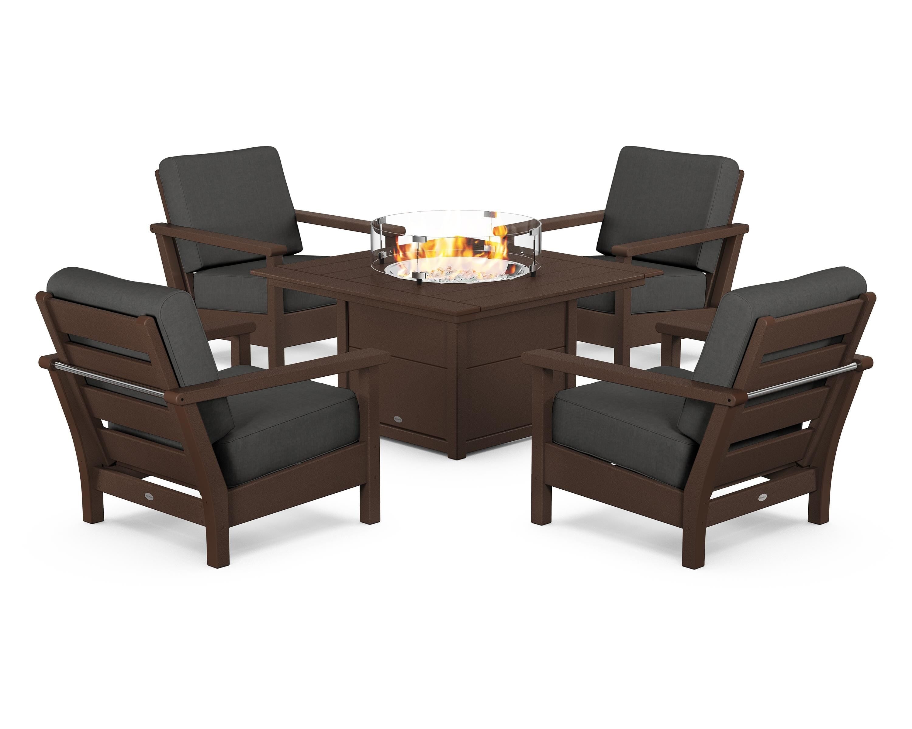 POLYWOOD Harbour 5-Piece Conversation Set with Fire Pit Table in Mahogany / Spectrum Carbon