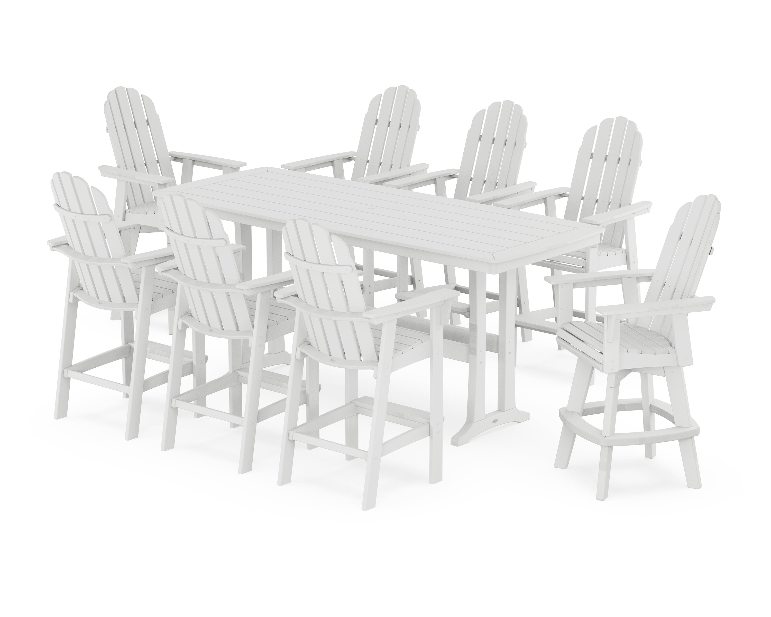 POLYWOOD® Vineyard Curveback Adirondack Swivel 9-Piece Bar Set with Trestle Legs in White
