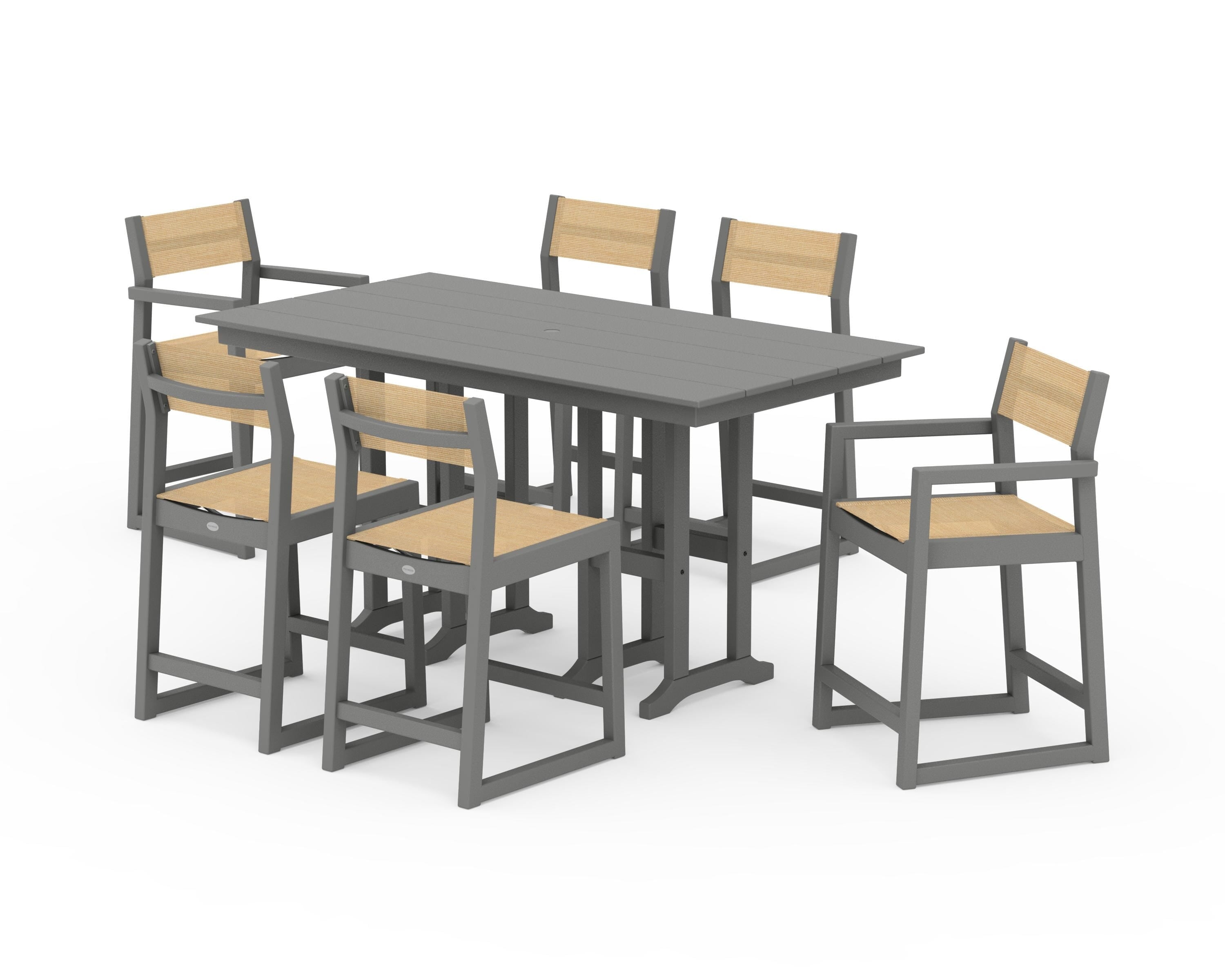 POLYWOOD EDGE Sling 7-Piece Farmhouse Counter Set in Slate Grey / Dupioni Apricot Sling