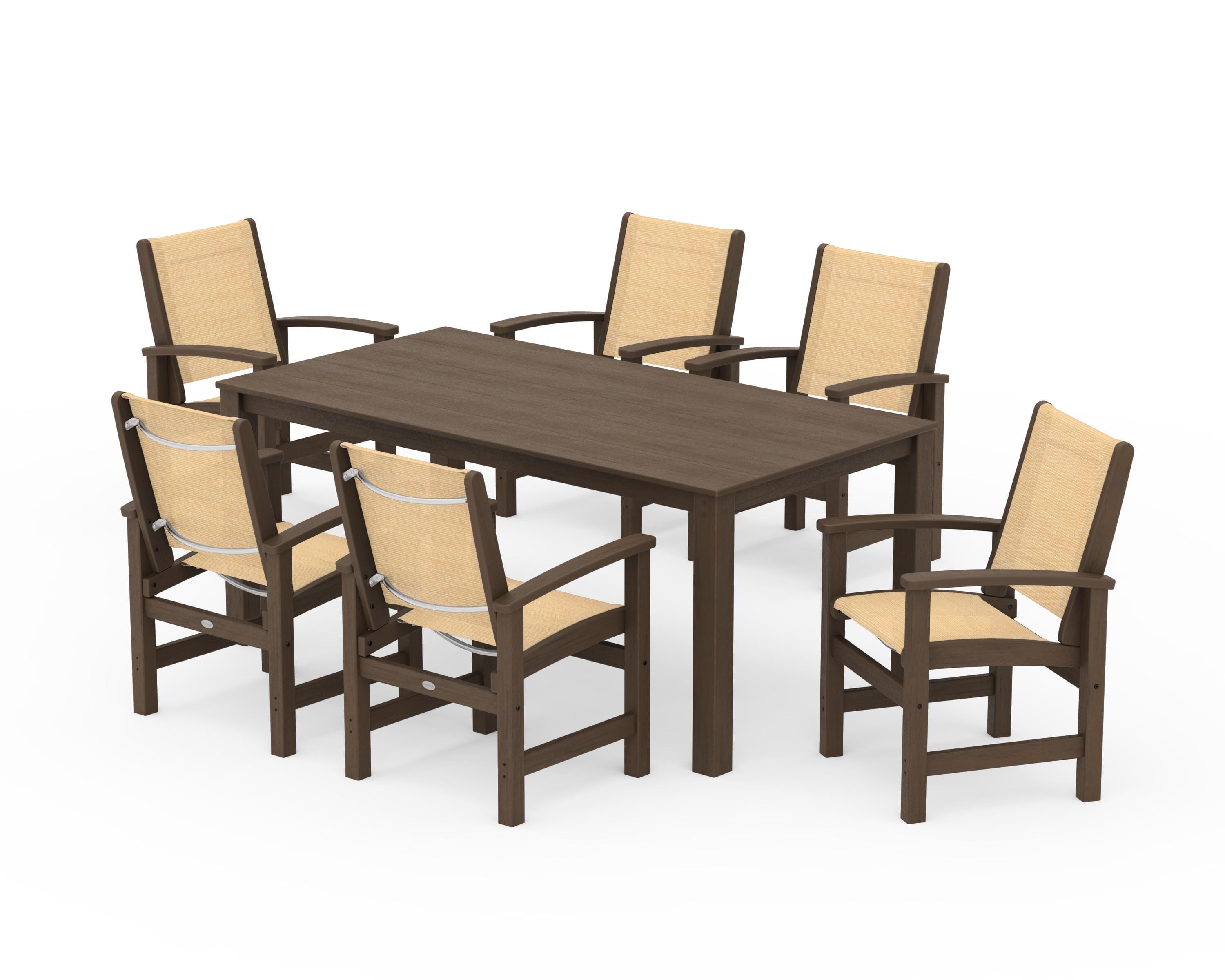 POLYWOOD Coastal 7-Piece Parsons Dining Set in Kona / Dupioni Apricot Sling