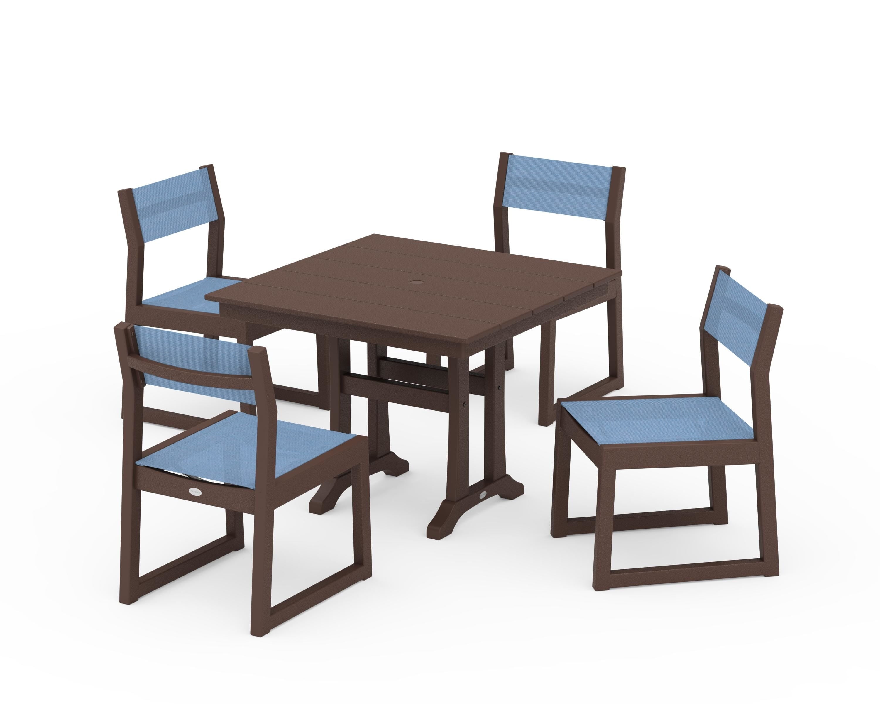 POLYWOOD EDGE Sling 5-Piece Farmhouse Trestle Side Chair Dining Set in Mahogany / Poolside Sling