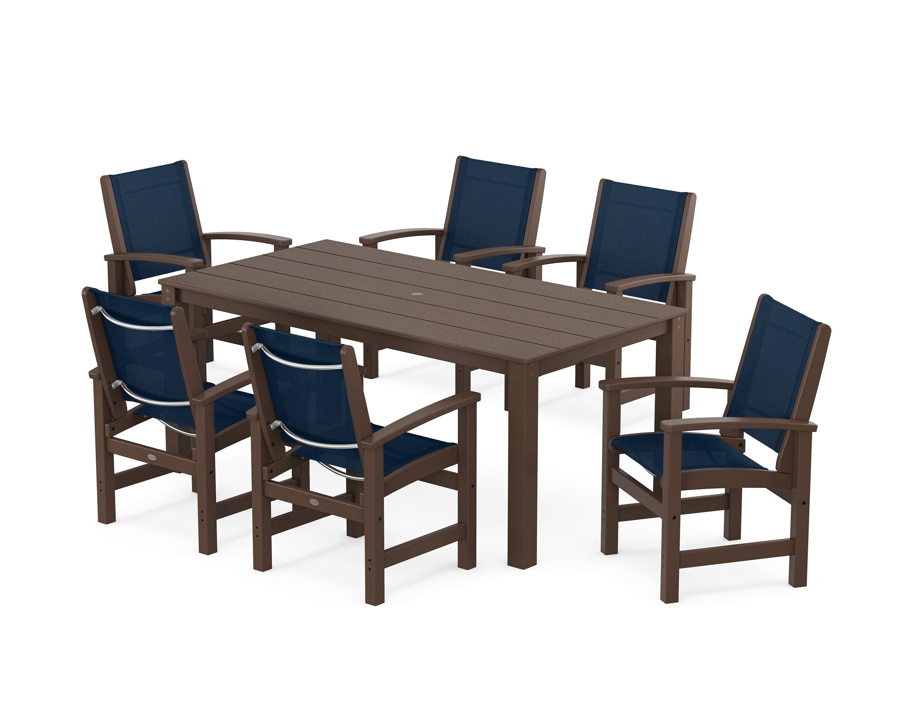 POLYWOOD Coastal 7-Piece Parsons Dining Set in Mahogany / Navy Blue Sling