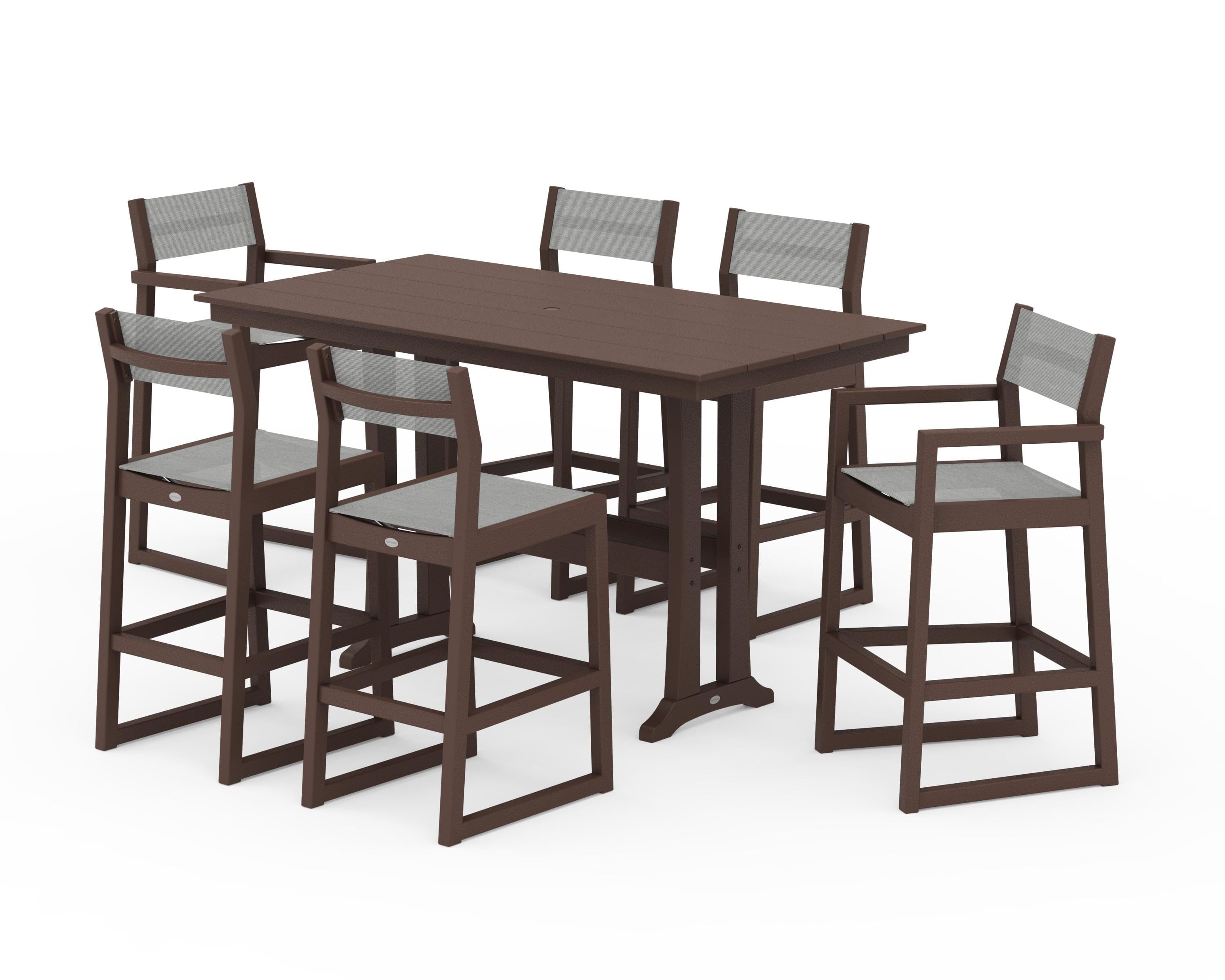 POLYWOOD EDGE Sling 7-Piece Farmhouse Bar Set with Trestle Legs in Mahogany / Metallic Sling