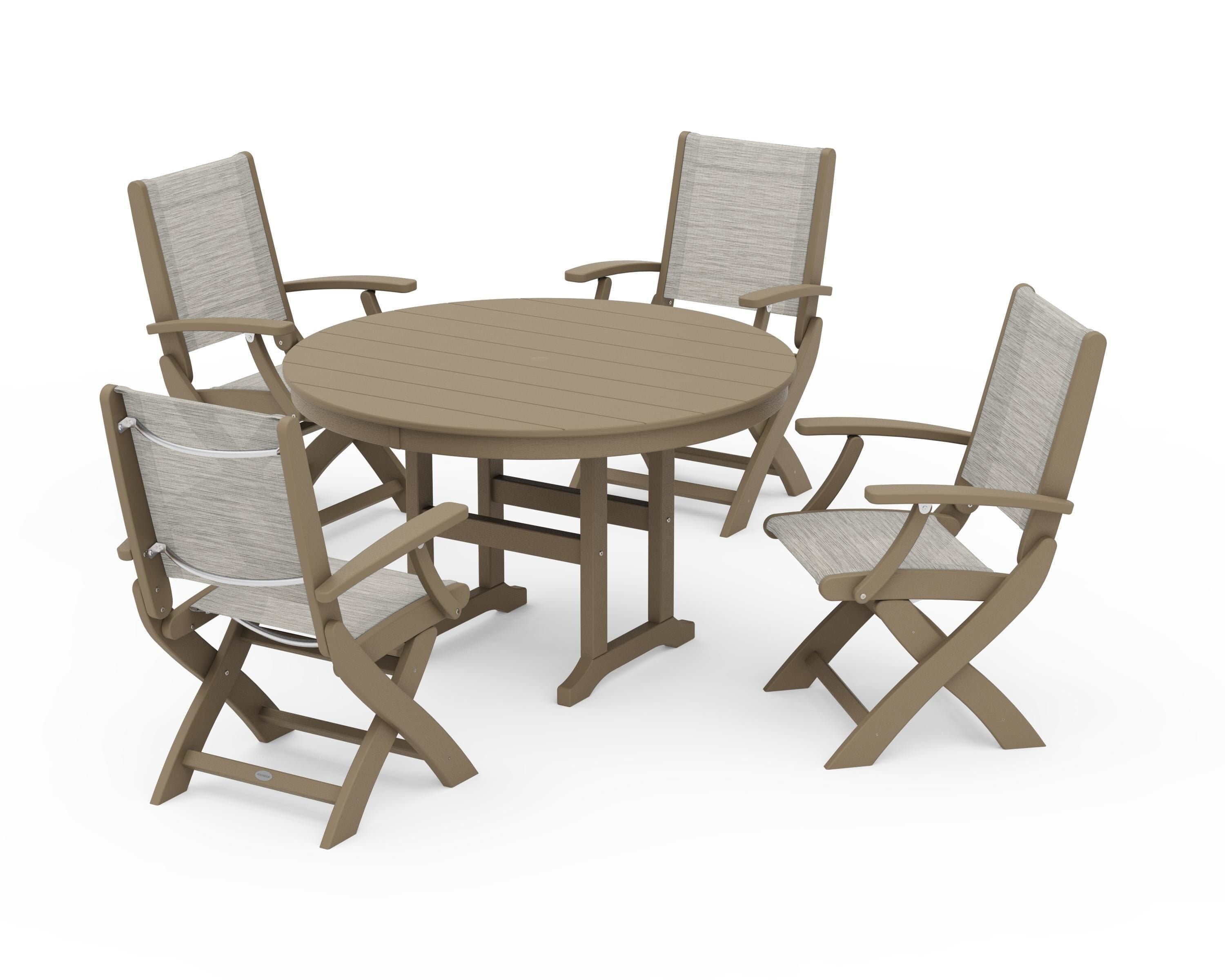 POLYWOOD Coastal Folding Chair 5-Piece Round Dining Set in Vintage Sahara / Birch Sling