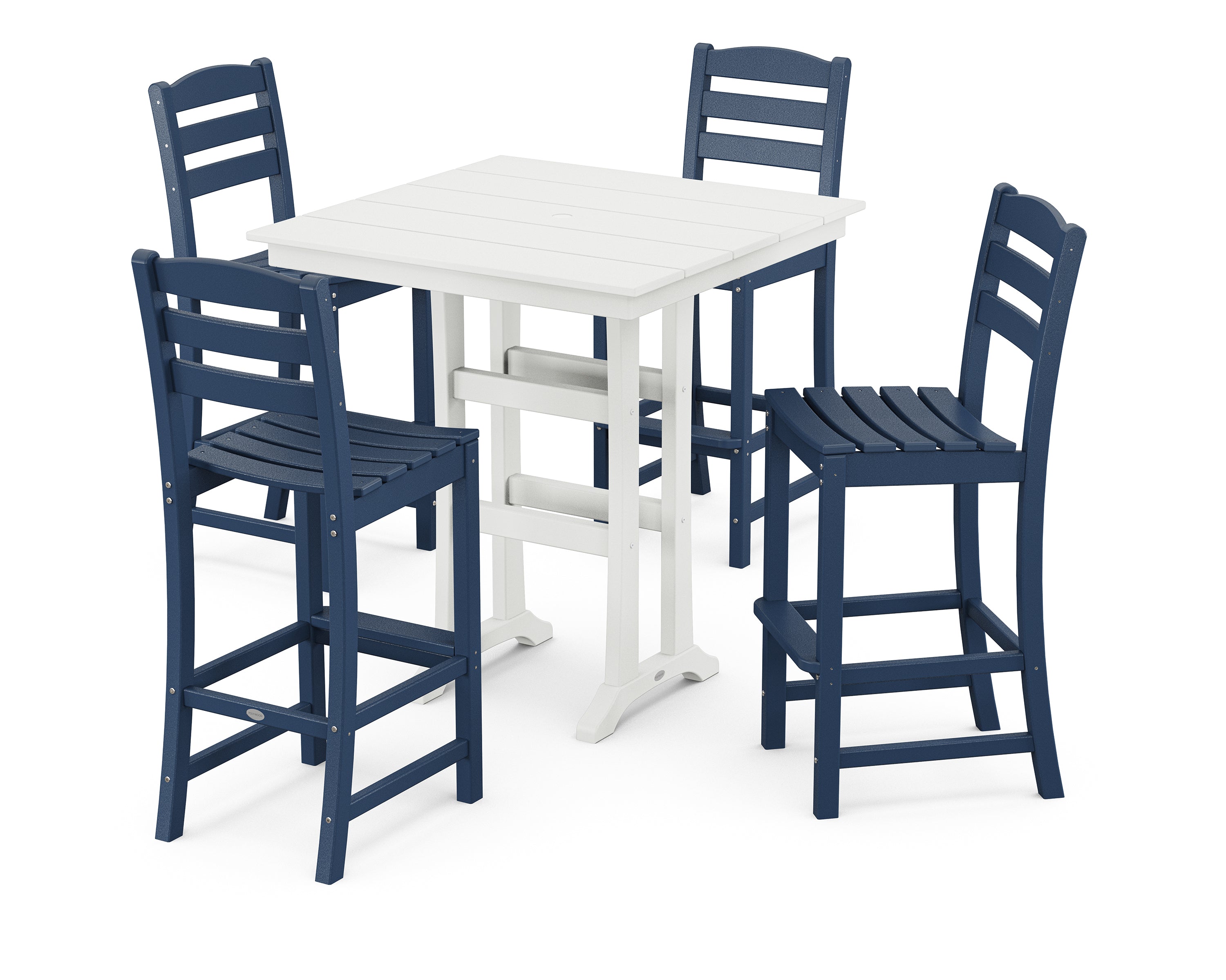 POLYWOOD La Casa Café 5-Piece Farmhouse Trestle Bar Set in Navy / White