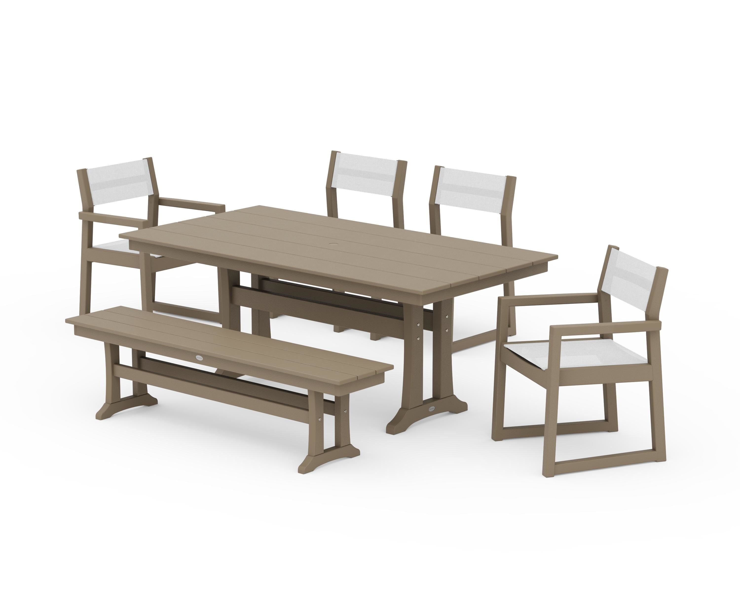 POLYWOOD EDGE Sling 6-Piece Farmhouse Dining Set With Trestle Legs in Vintage Sahara / White Sling
