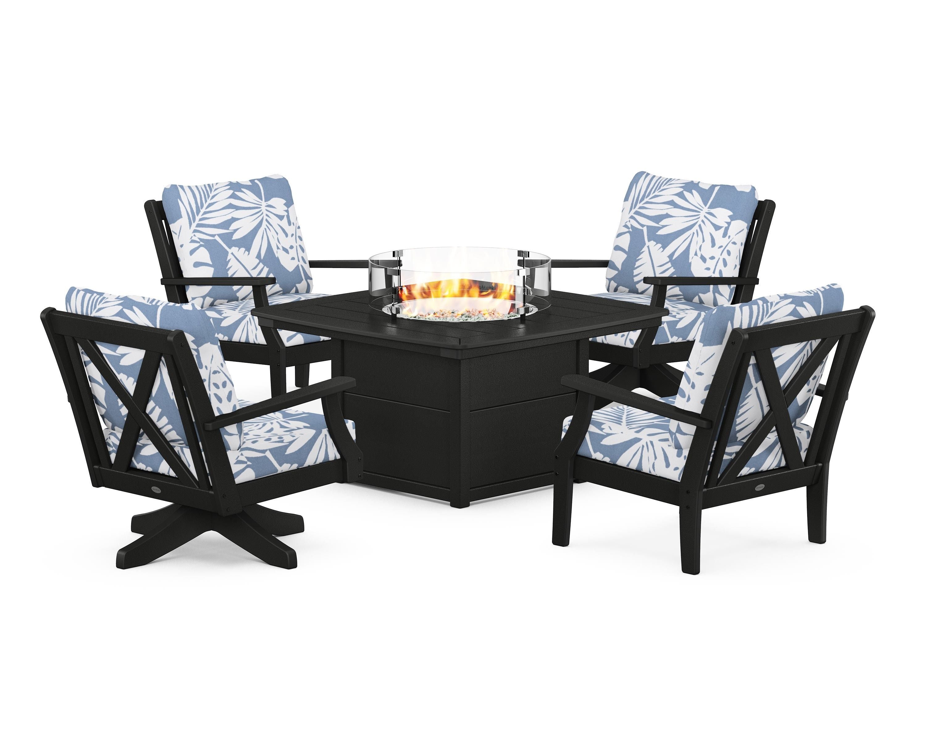 POLYWOOD Braxton 5-Piece Deep Seating Set with Fire Table in Black / Leaf Sky Blue
