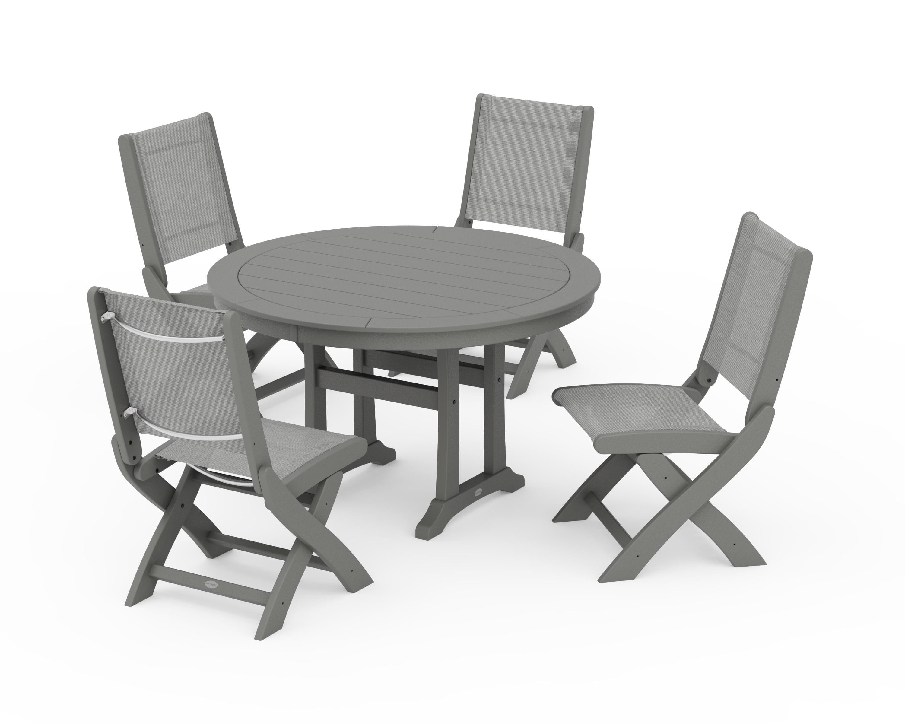 POLYWOOD Coastal Folding Side Chair 5-Piece Round Dining Set With Trestle Legs in Slate Grey / Metallic Sling