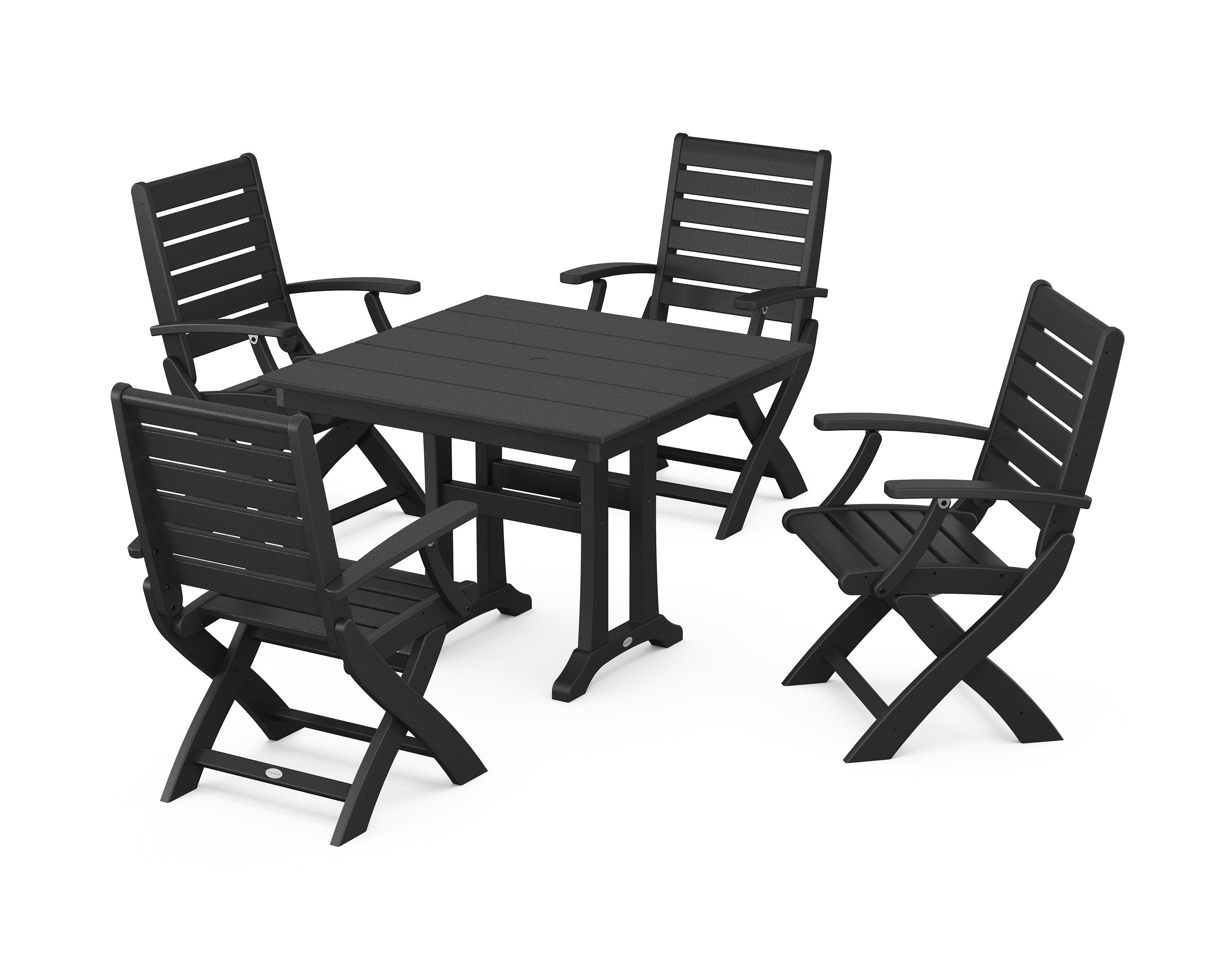 POLYWOOD Signature Folding Chair 5-Piece Farmhouse Dining Set With Trestle Legs in Black
