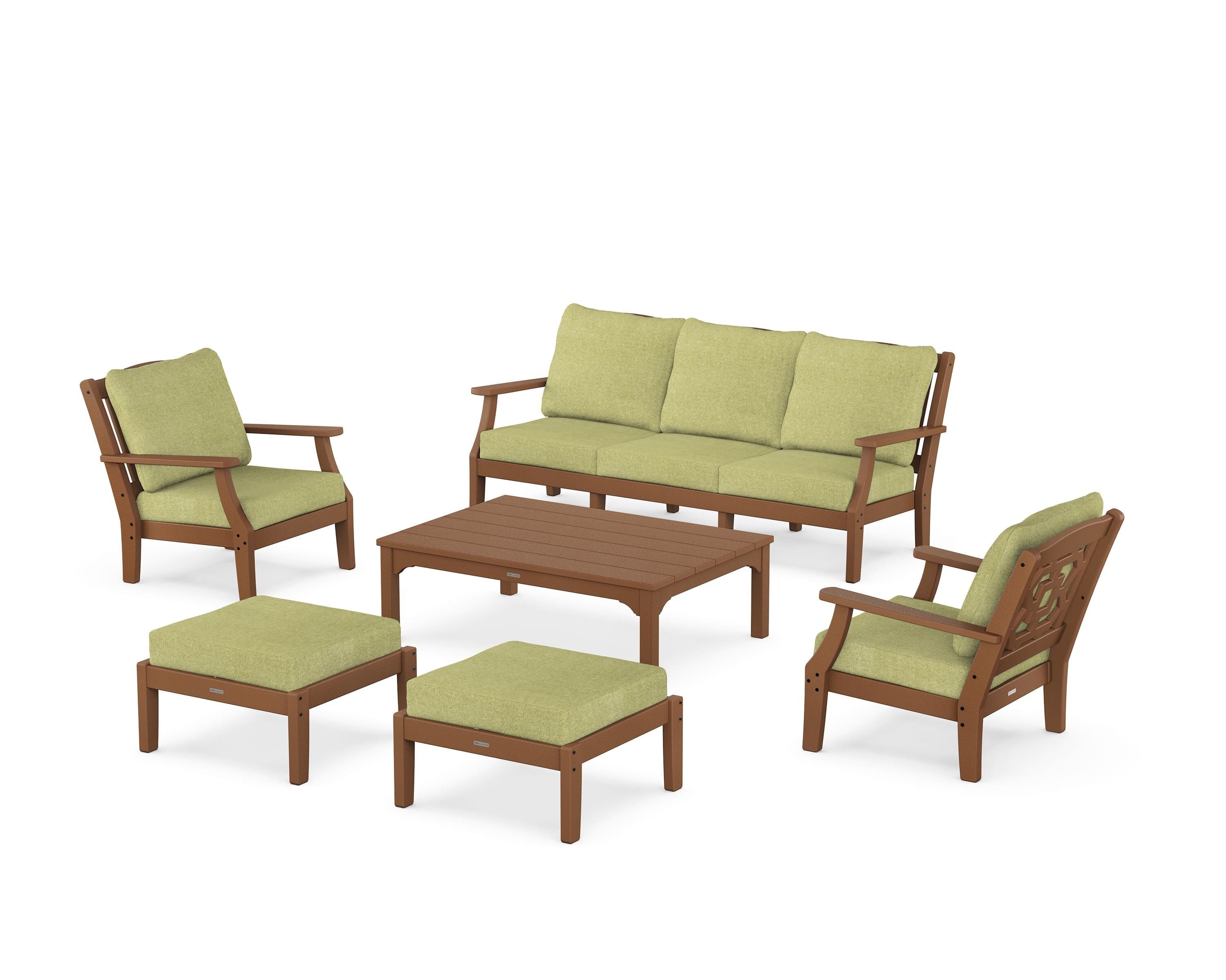Martha Stewart by POLYWOOD Chinoiserie 6-Piece Lounge Sofa Set in Teak / Chartreuse Boucle