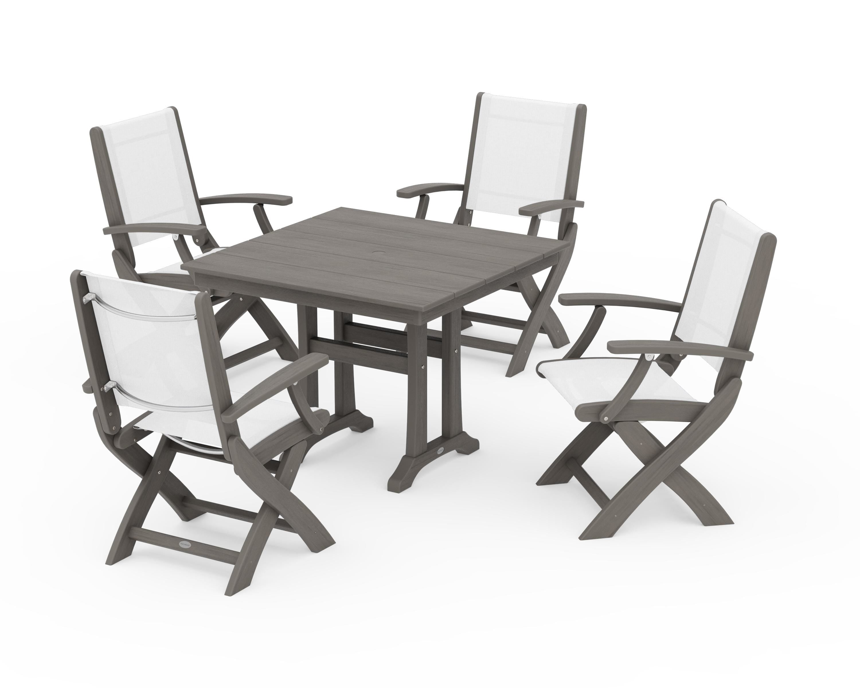 POLYWOOD Coastal Folding Chair 5-Piece Farmhouse Dining Set With Trestle Legs in Driftwood / White Sling