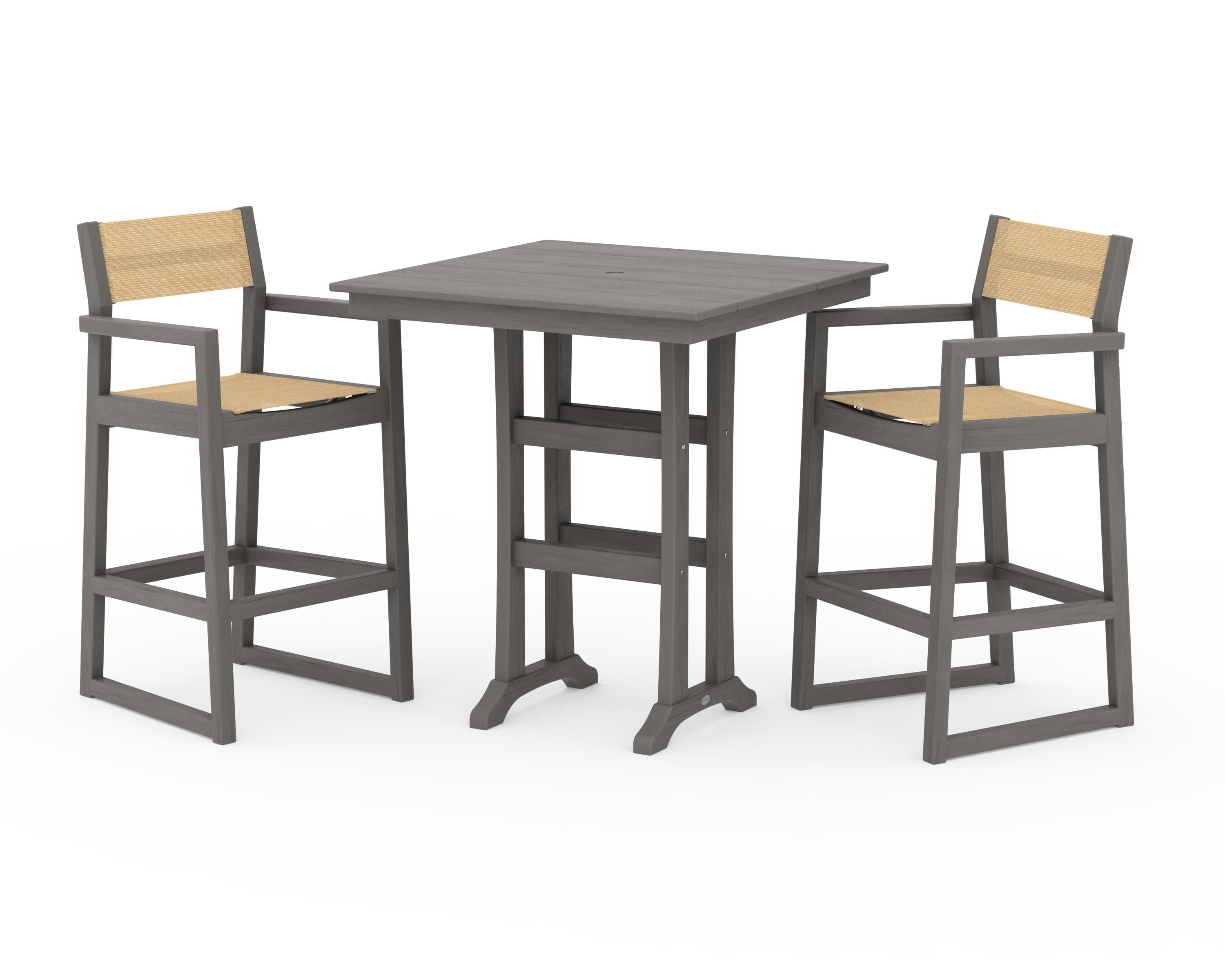 POLYWOOD EDGE Sling Arm Chair 3-Piece Farmhouse Bar Set with Trestle Legs in Driftwood / Dupioni Apricot Sling