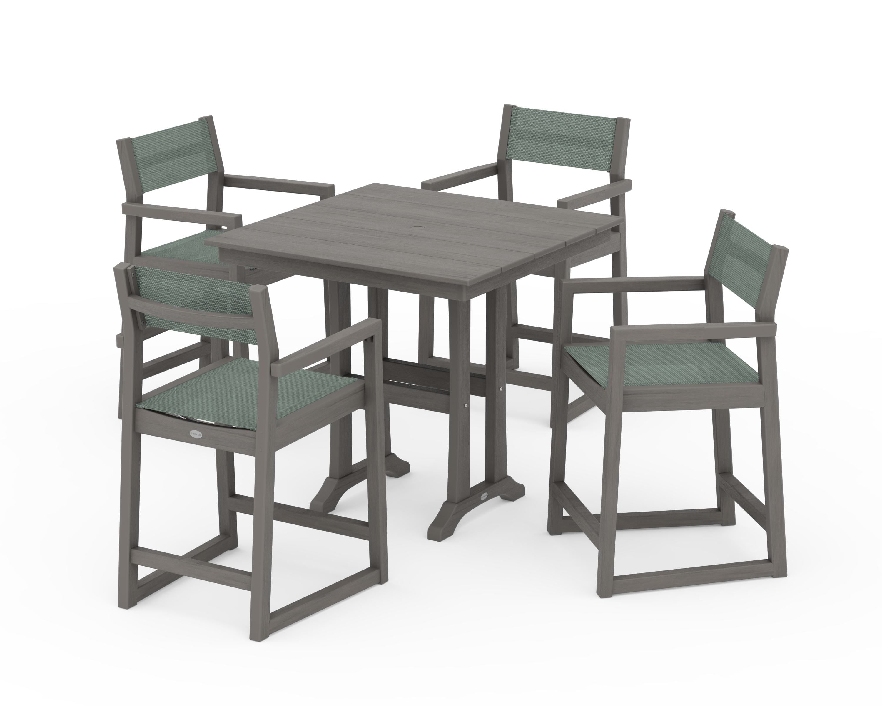 POLYWOOD EDGE Sling Arm Chair 5-Piece Farmhouse Counter Set with Trestle Legs in Driftwood / Dupioni Sea Mist Sling