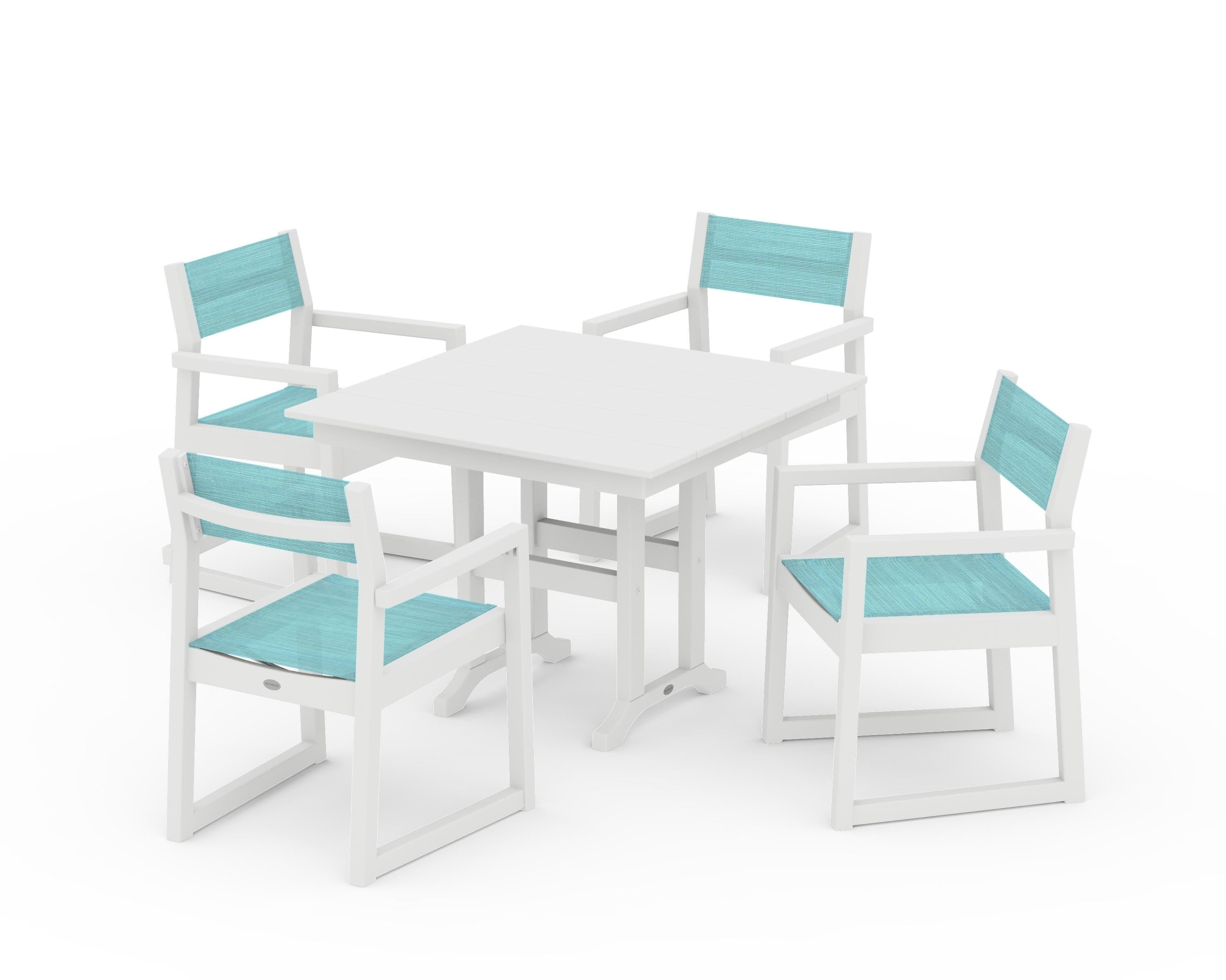 POLYWOOD EDGE Sling Arm Chair 5-Piece Farmhouse Dining Set in White / Dupioni Aquamarine Sling