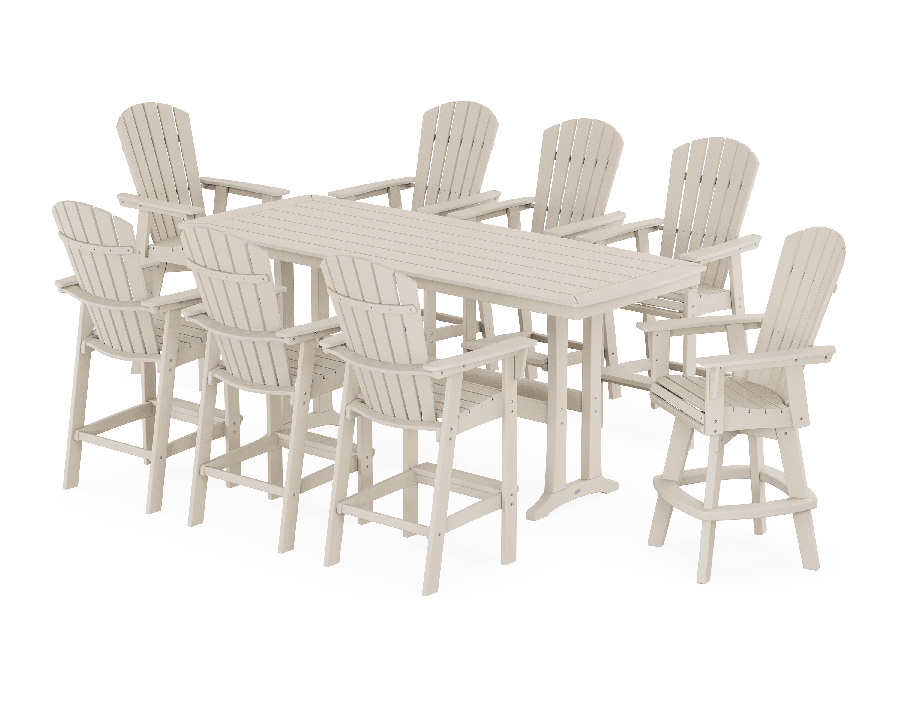 POLYWOOD® Nautical Curveback Adirondack Swivel 9-Piece Bar Set with Trestle Legs in Sand