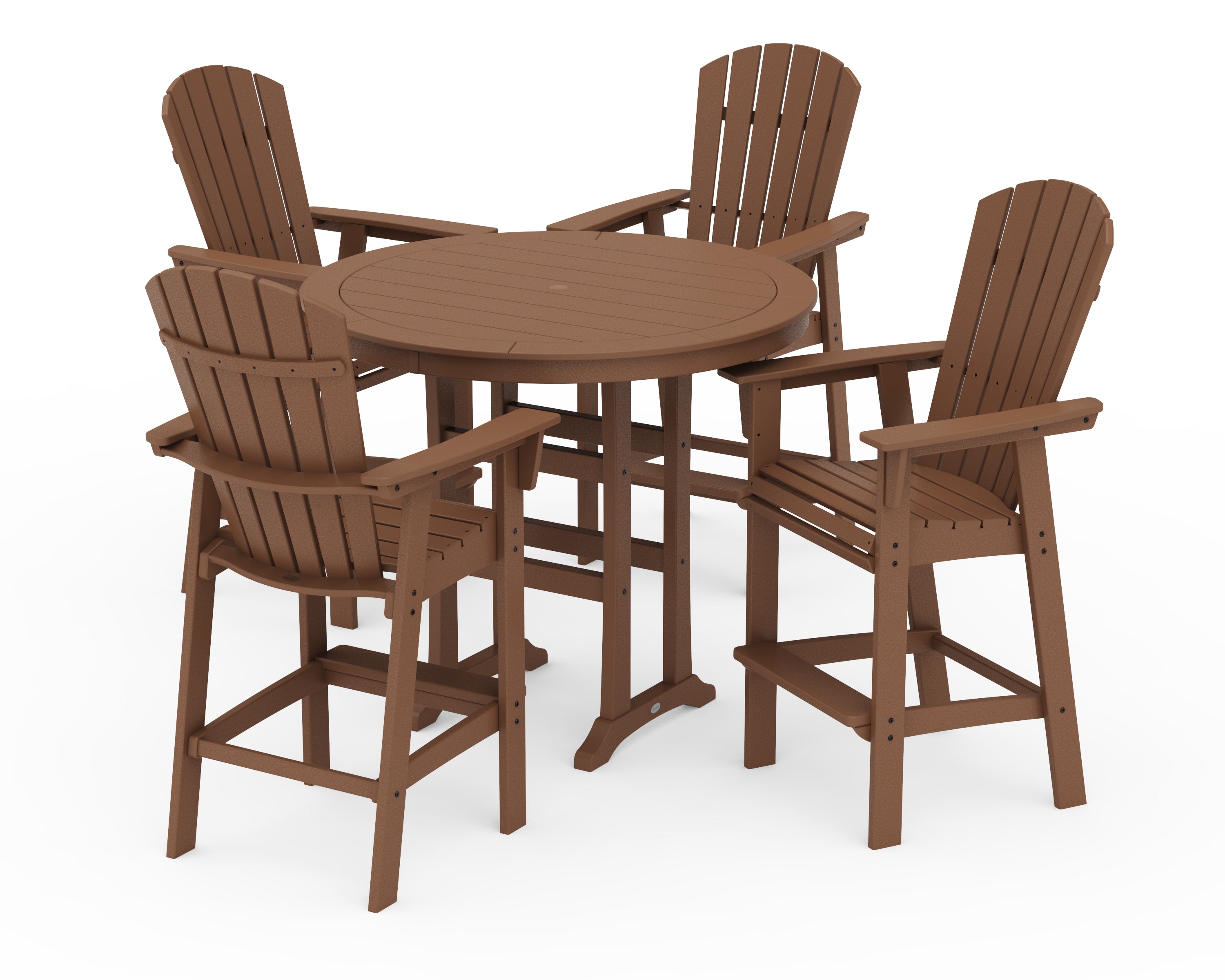 POLYWOOD Nautical Curveback Adirondack 5-Piece Round Trestle Bar Set in Teak
