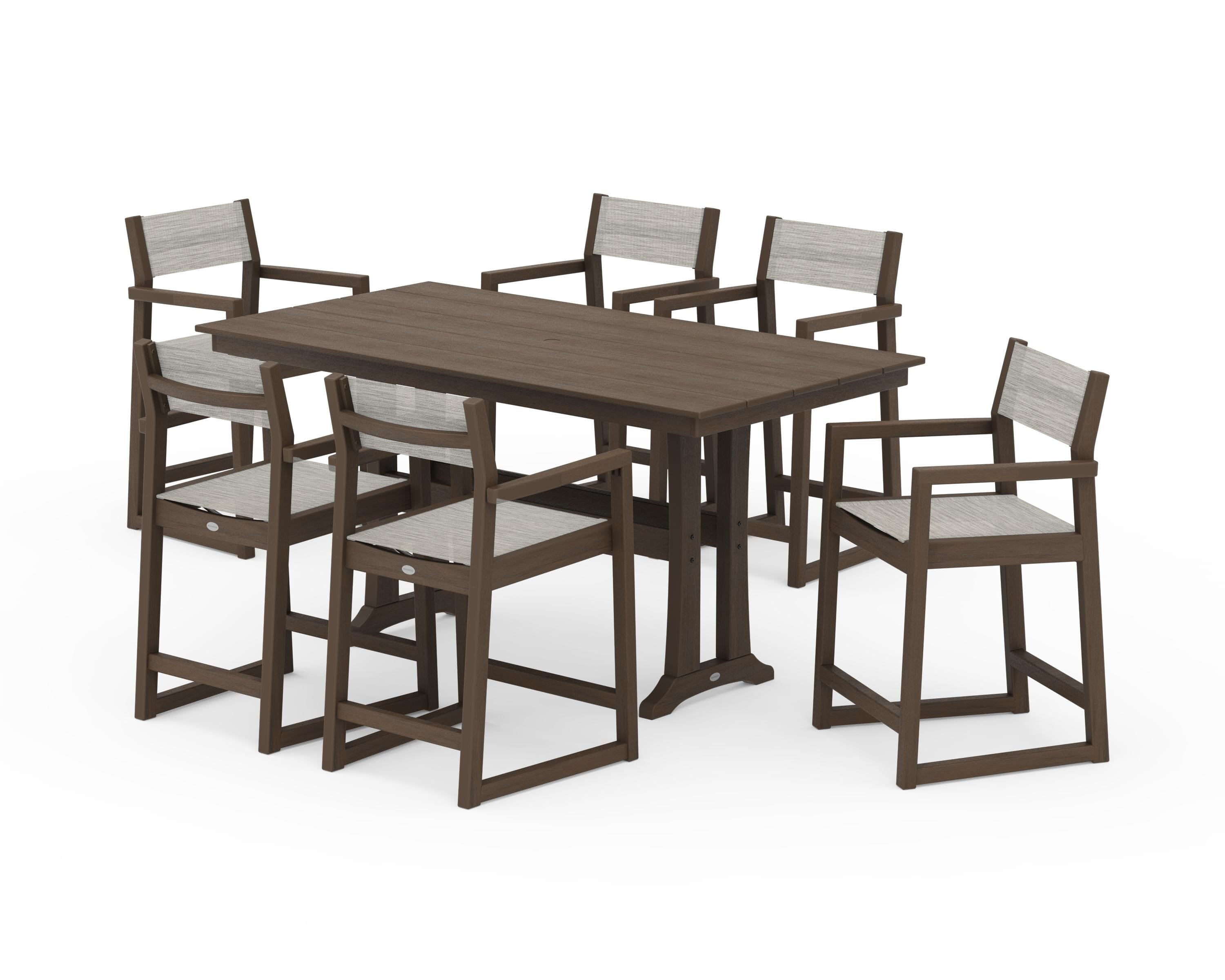 POLYWOOD EDGE Sling Arm Chair 7-Piece Farmhouse Counter Set with Trestle Legs in Kona / Birch Sling