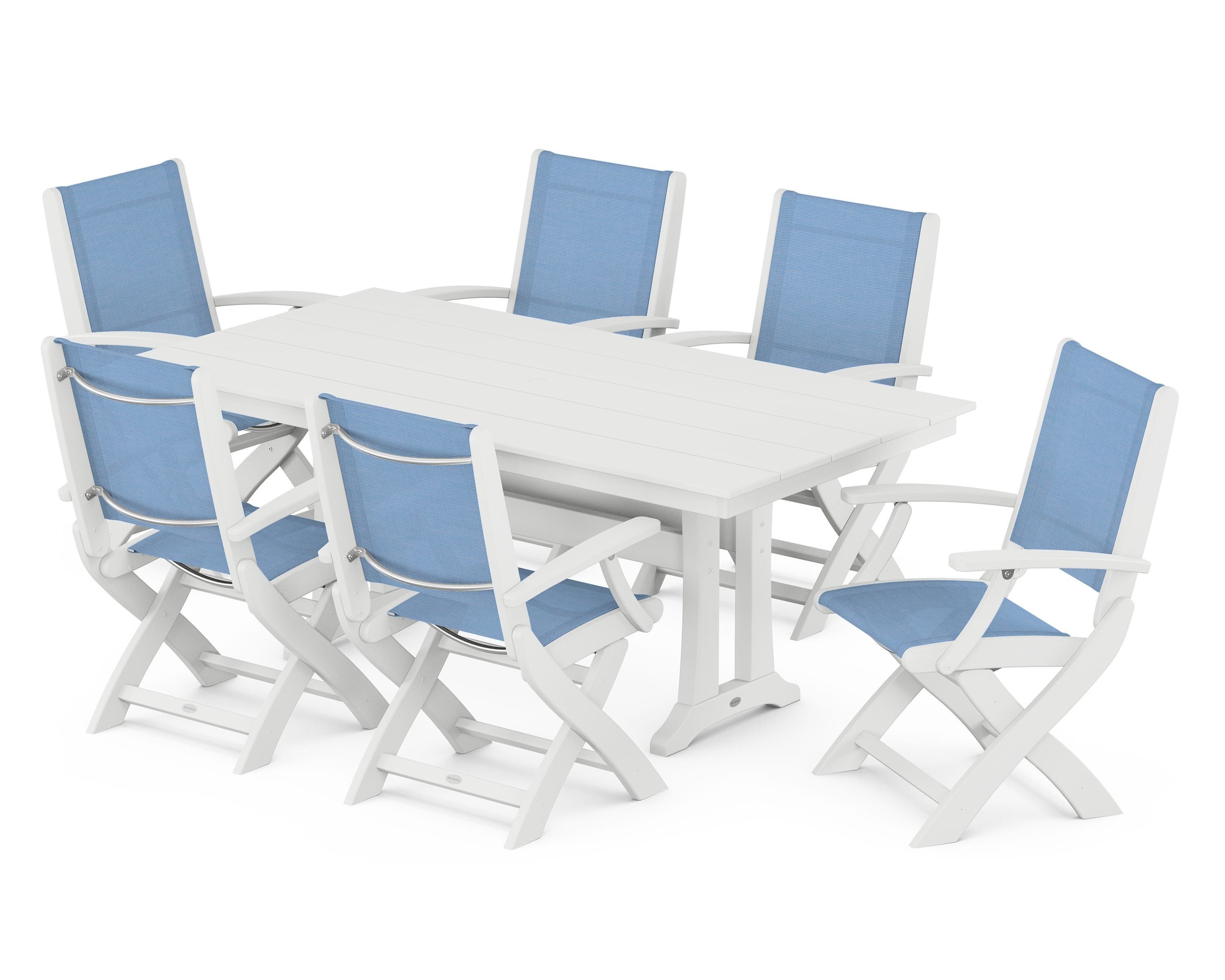 POLYWOOD Coastal Folding Arm Chair 7-Piece Farmhouse Dining Set with Trestle Legs in White / Poolside Sling