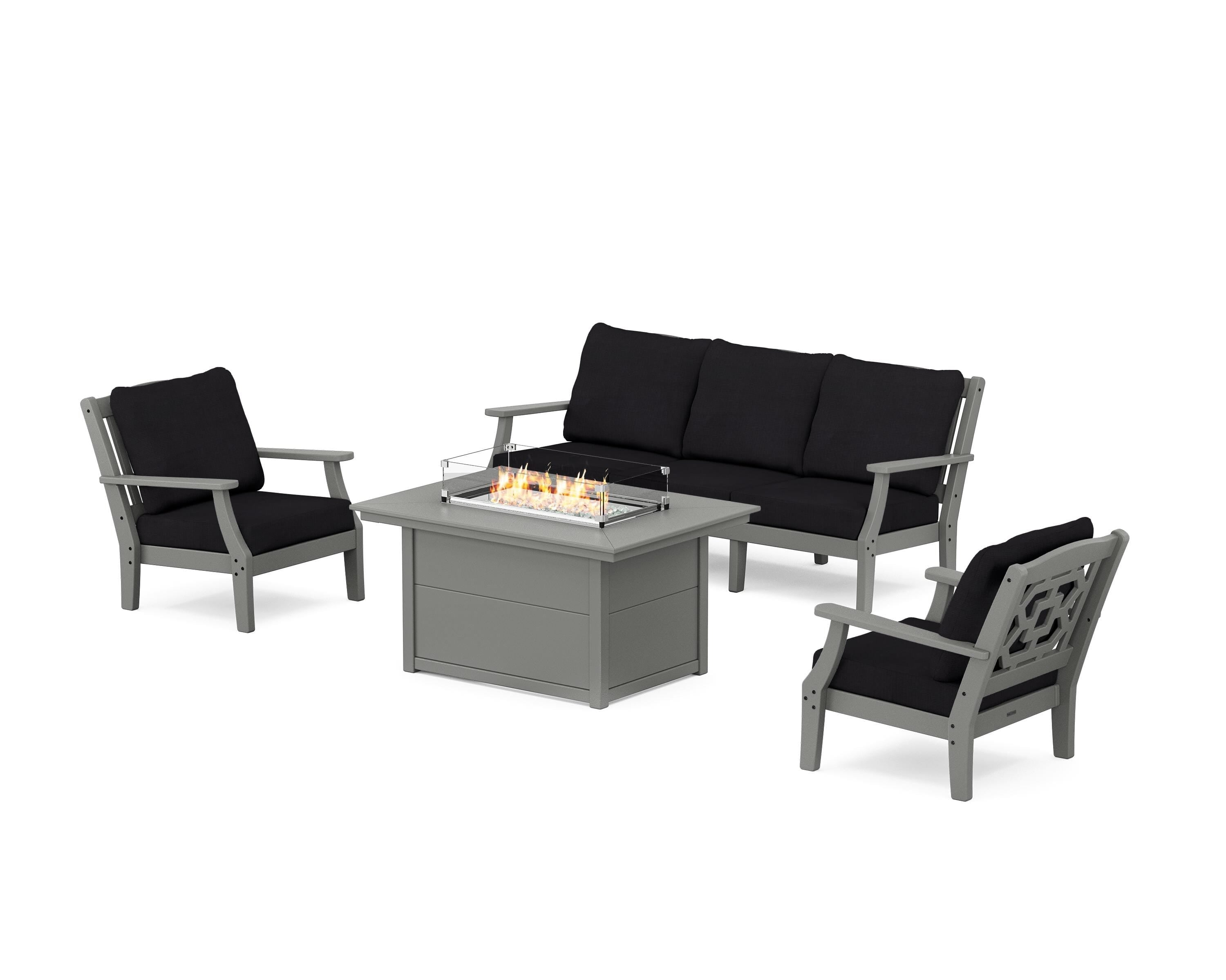 Martha Stewart by POLYWOOD Chinoiserie Deep Seating Fire Pit Table Set in Slate Grey / Midnight Linen