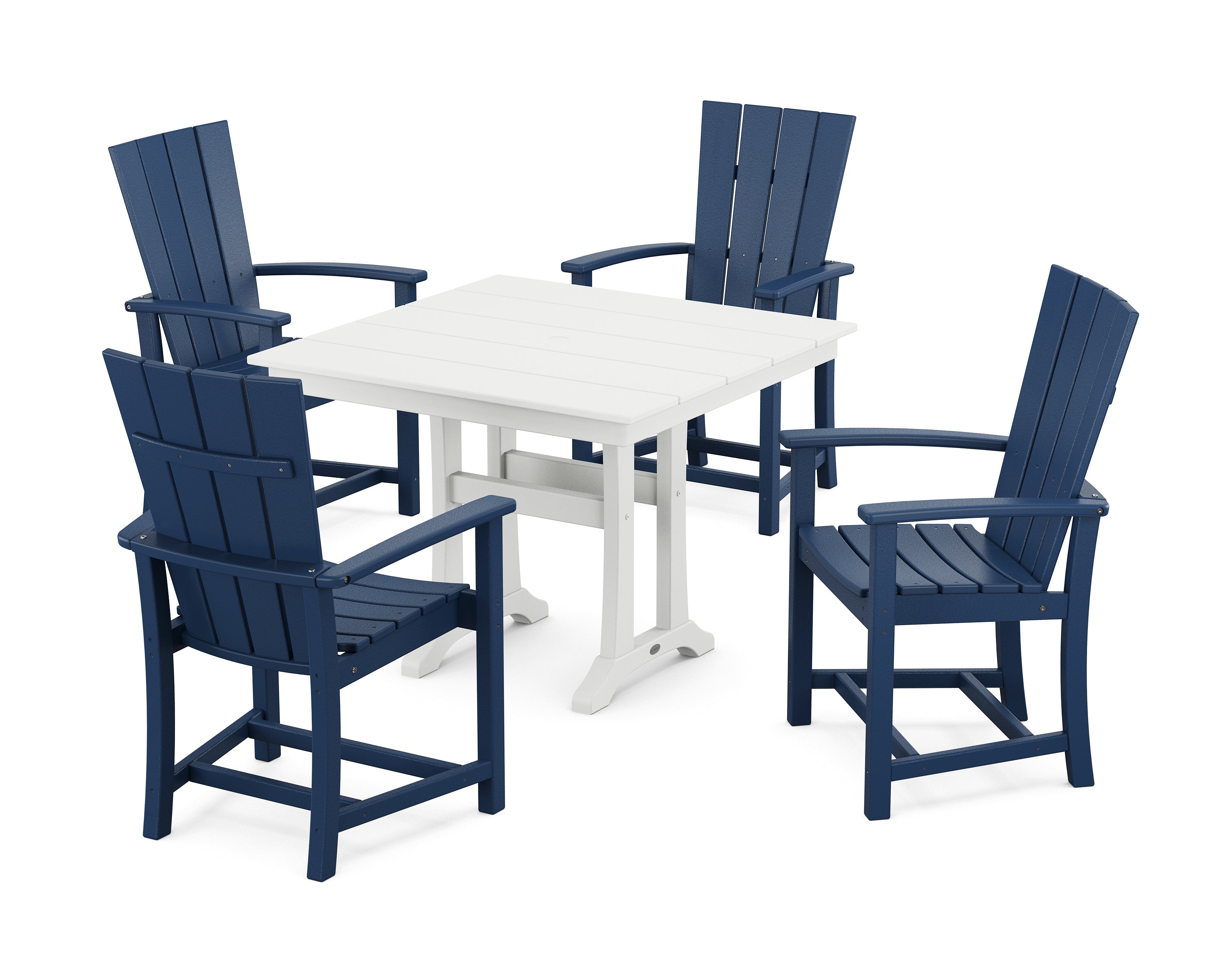 POLYWOOD Quattro 5-Piece Farmhouse Dining Set With Trestle Legs in Navy / White