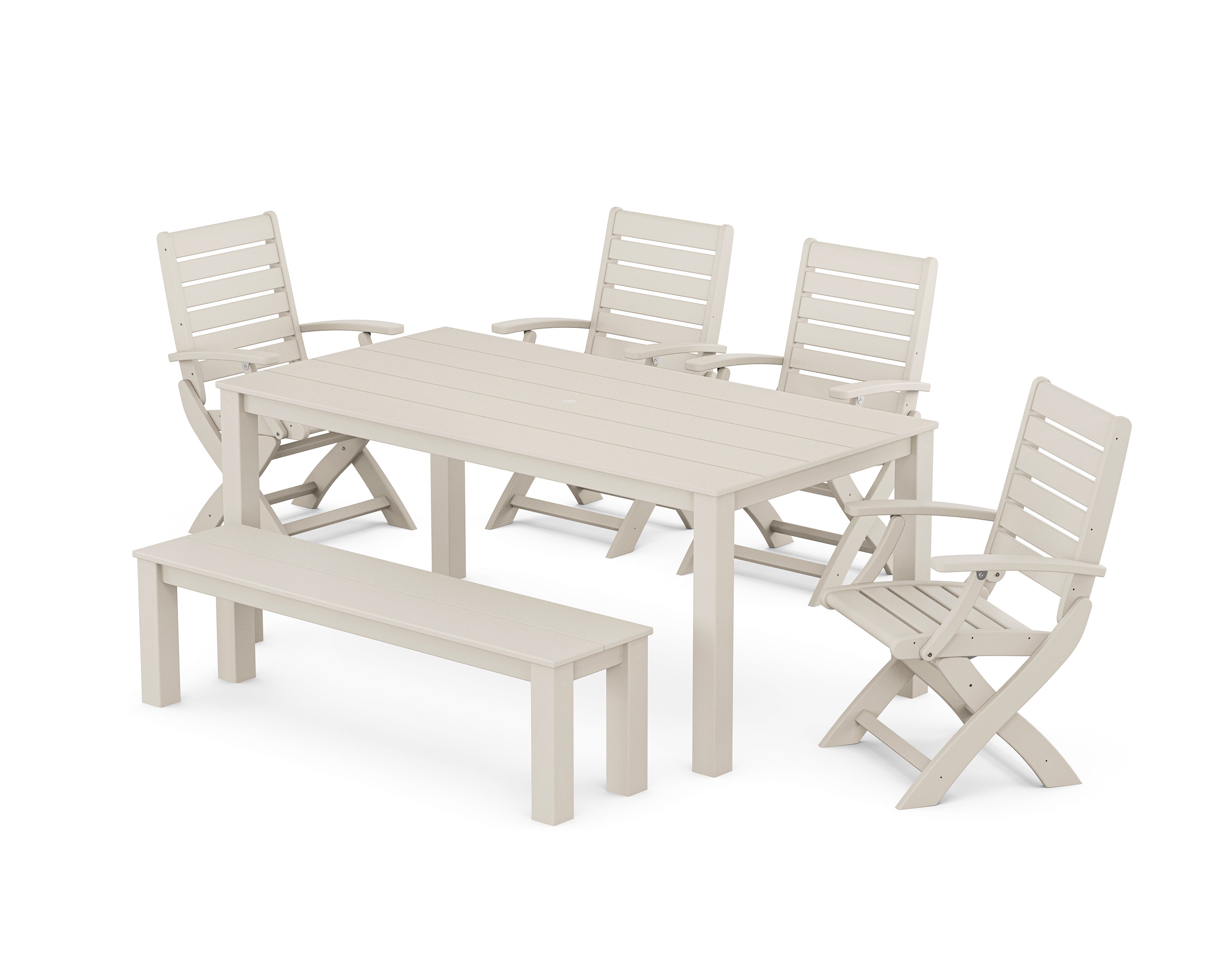 POLYWOOD Signature Folding Chair 6-Piece Parsons Dining Set with Bench in Sand