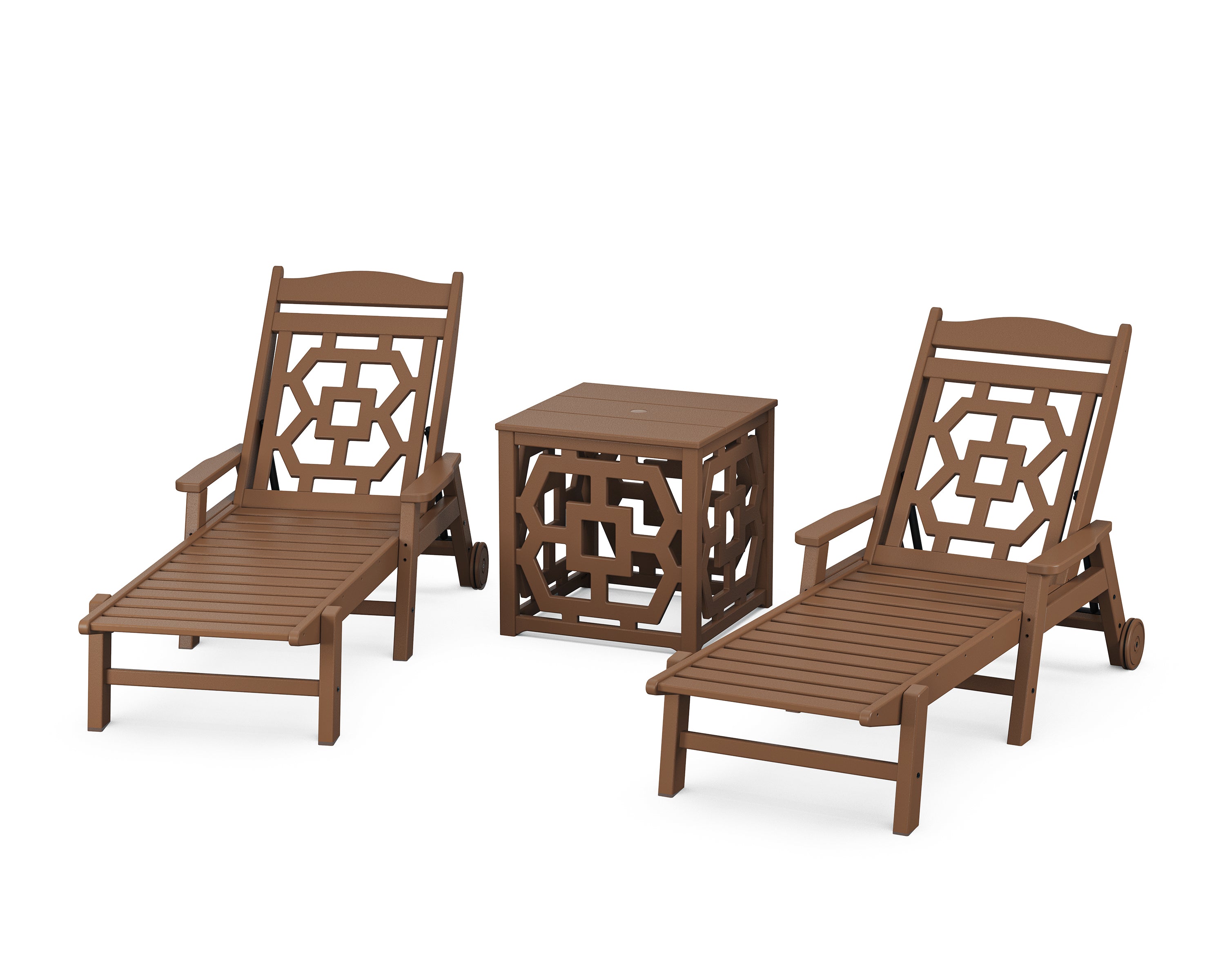 Martha Stewart by POLYWOOD Chinoiserie 3-Piece Chaise Set with Umbrella Stand Accent Table in Teak