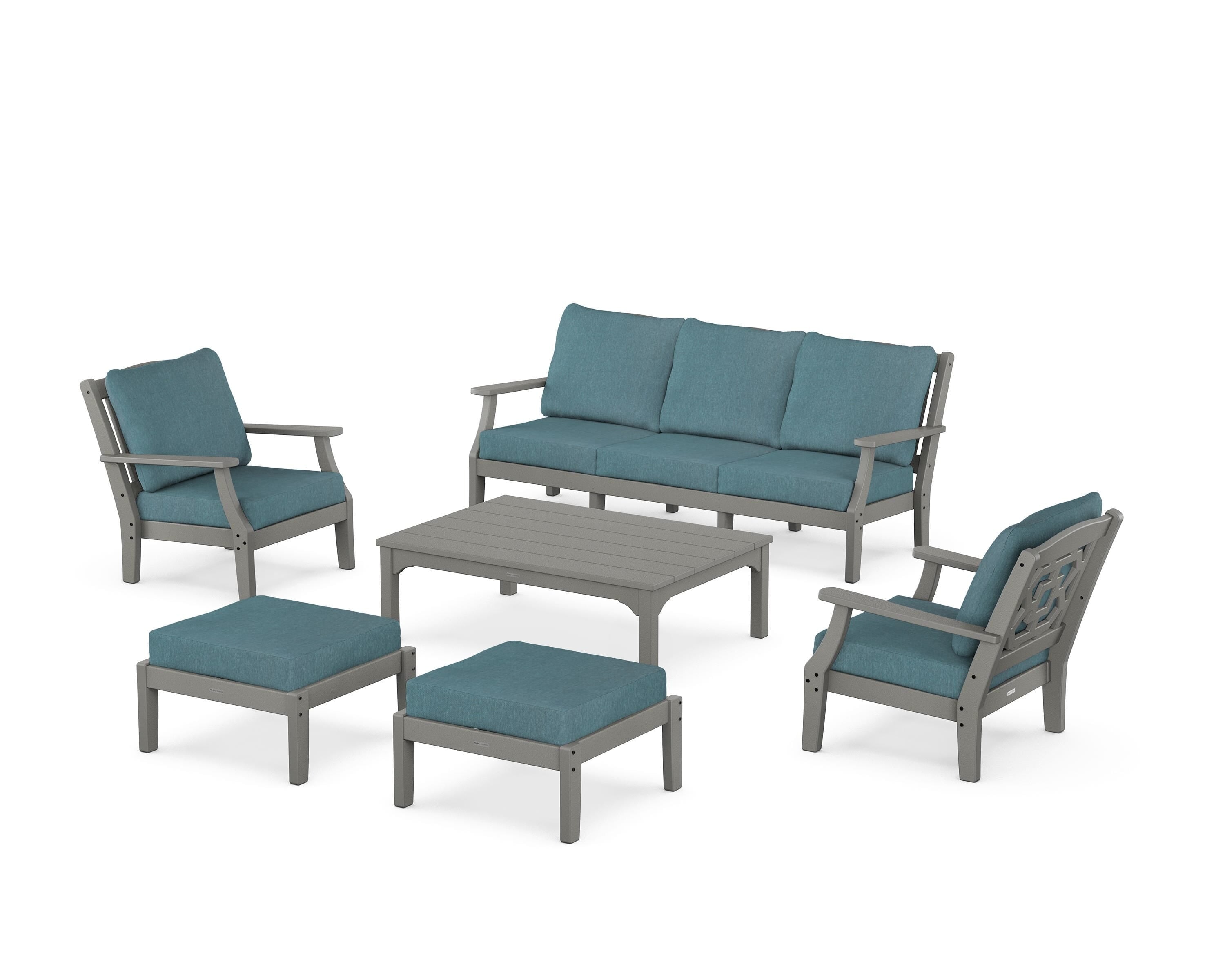 Martha Stewart by POLYWOOD Chinoiserie 6-Piece Lounge Sofa Set in Slate Grey / Ocean Teal
