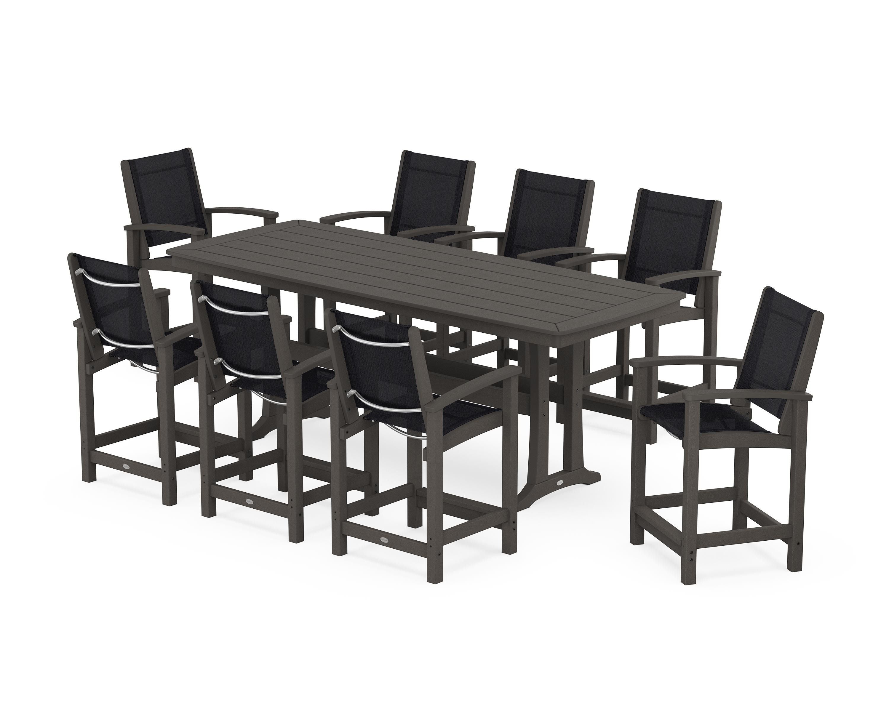 POLYWOOD Coastal 9-Piece Counter Set with Trestle Legs in Vintage Coffee / Black Sling