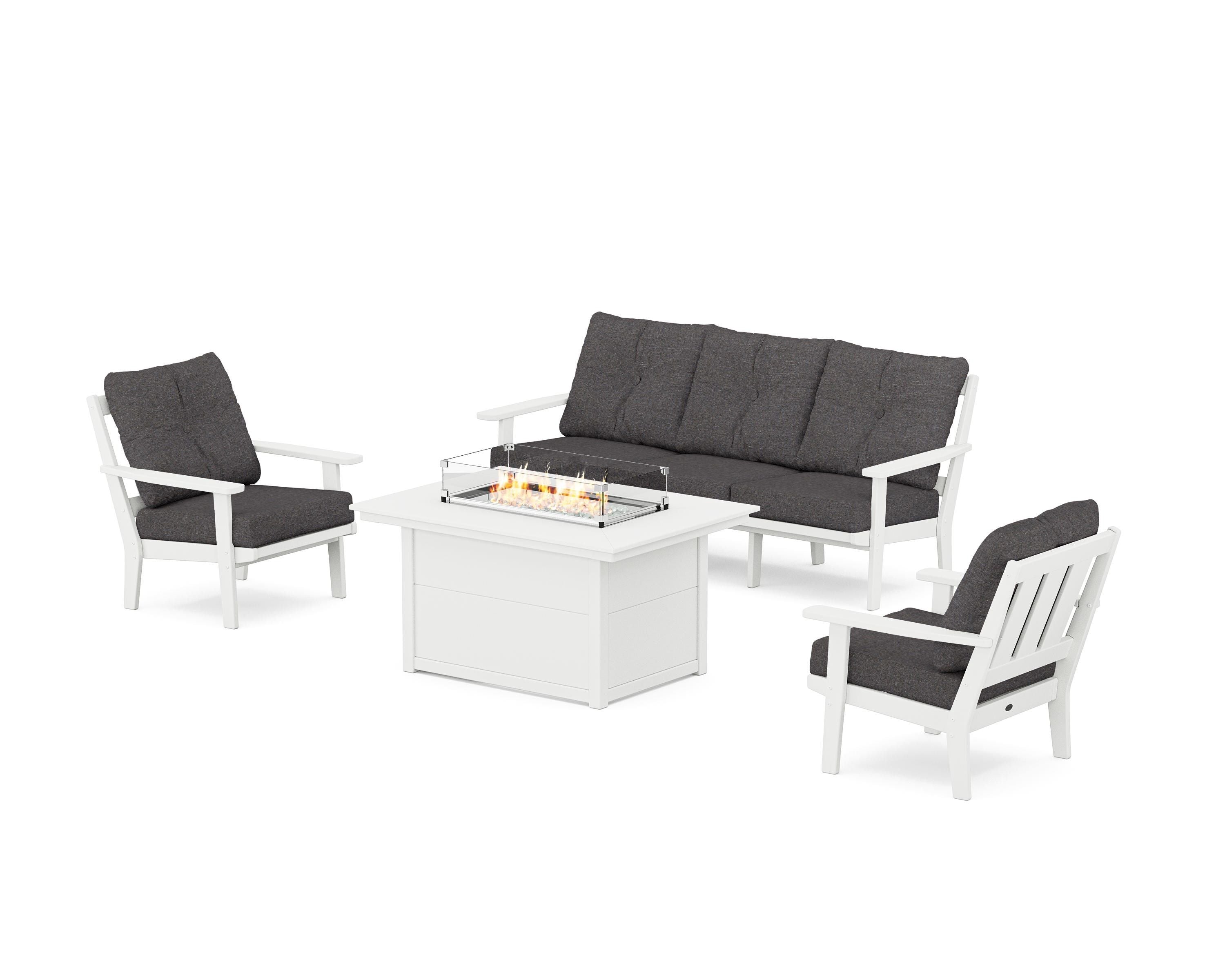 POLYWOOD Oxford Deep Seating Fire Pit Table Set in White / Ash Charcoal