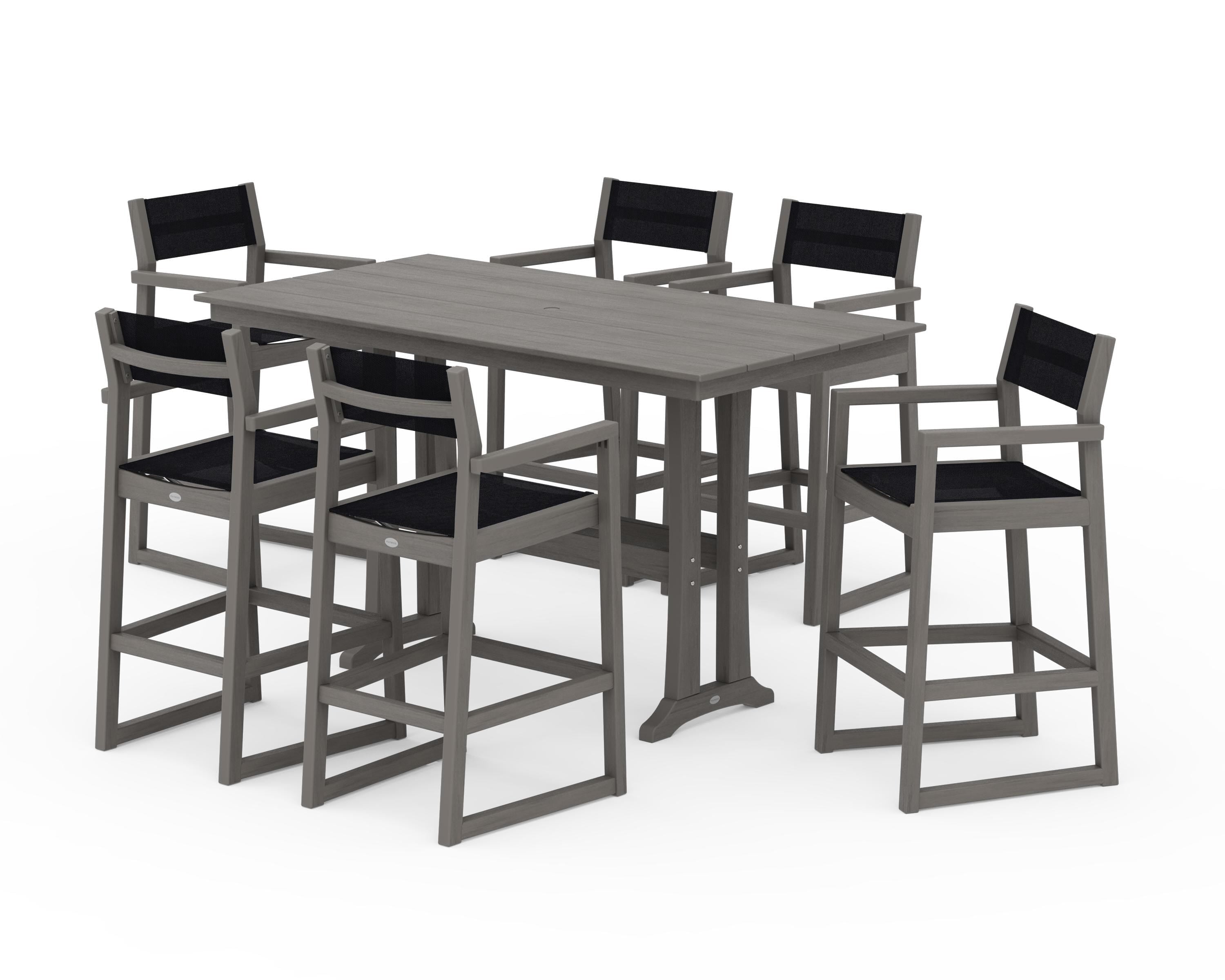 POLYWOOD EDGE Sling Arm Chair 7-Piece Farmhouse Bar Set with Trestle Legs in Driftwood / Black Sling