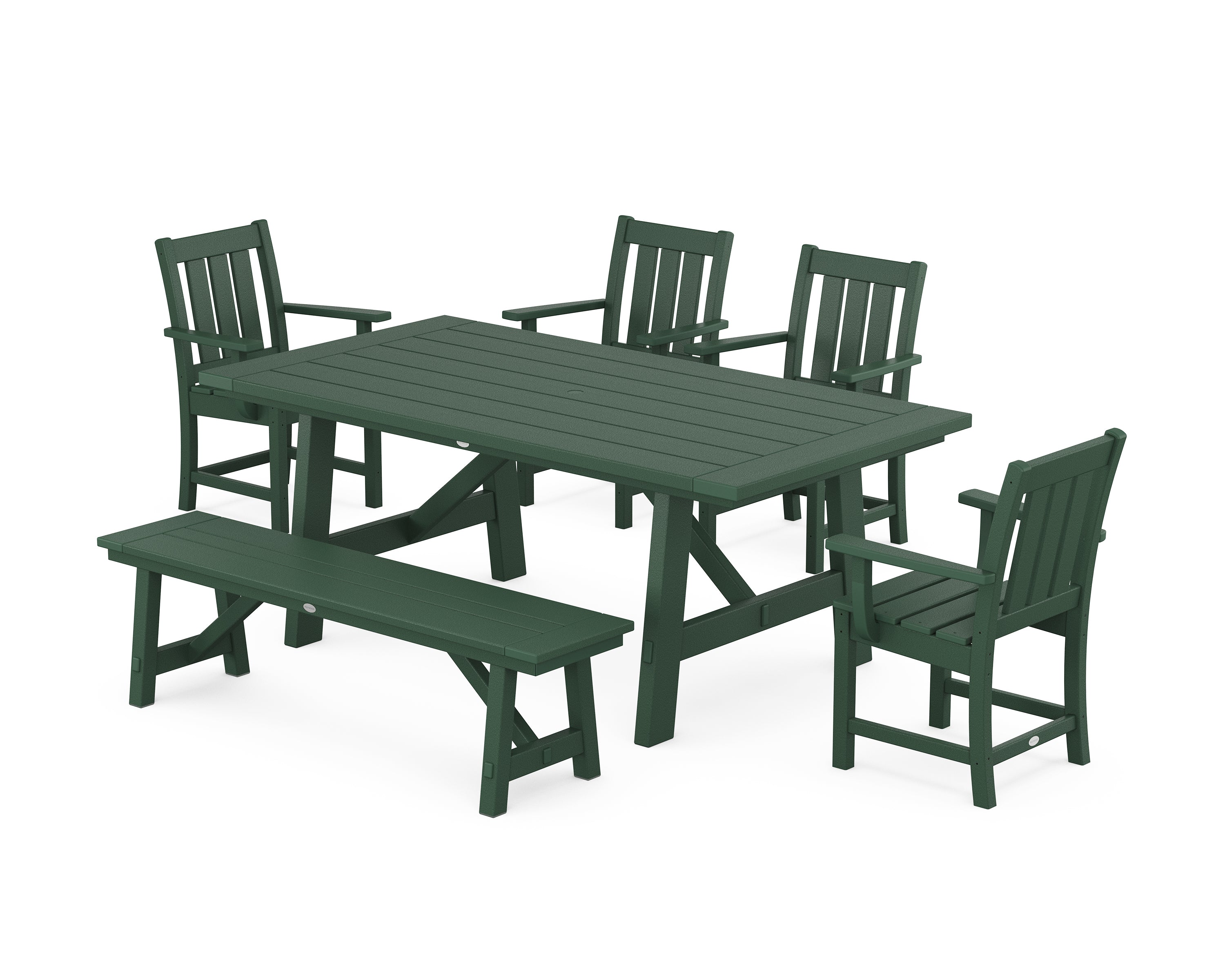 POLYWOOD Oxford 6-Piece Rustic Farmhouse Dining Set with Bench in Green