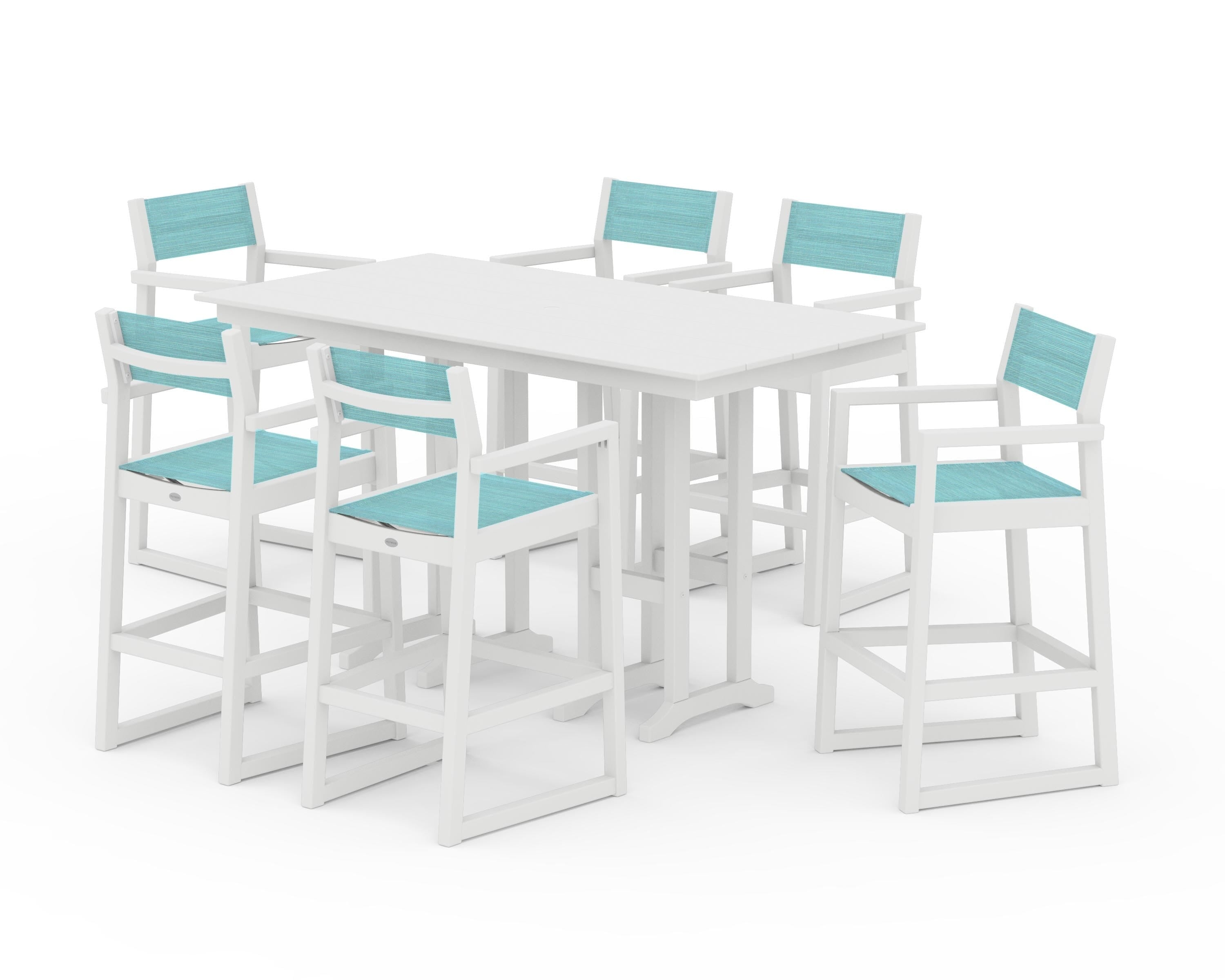 POLYWOOD EDGE Sling Arm Chair 7-Piece Farmhouse Bar Set in White / Dupioni Aquamarine Sling